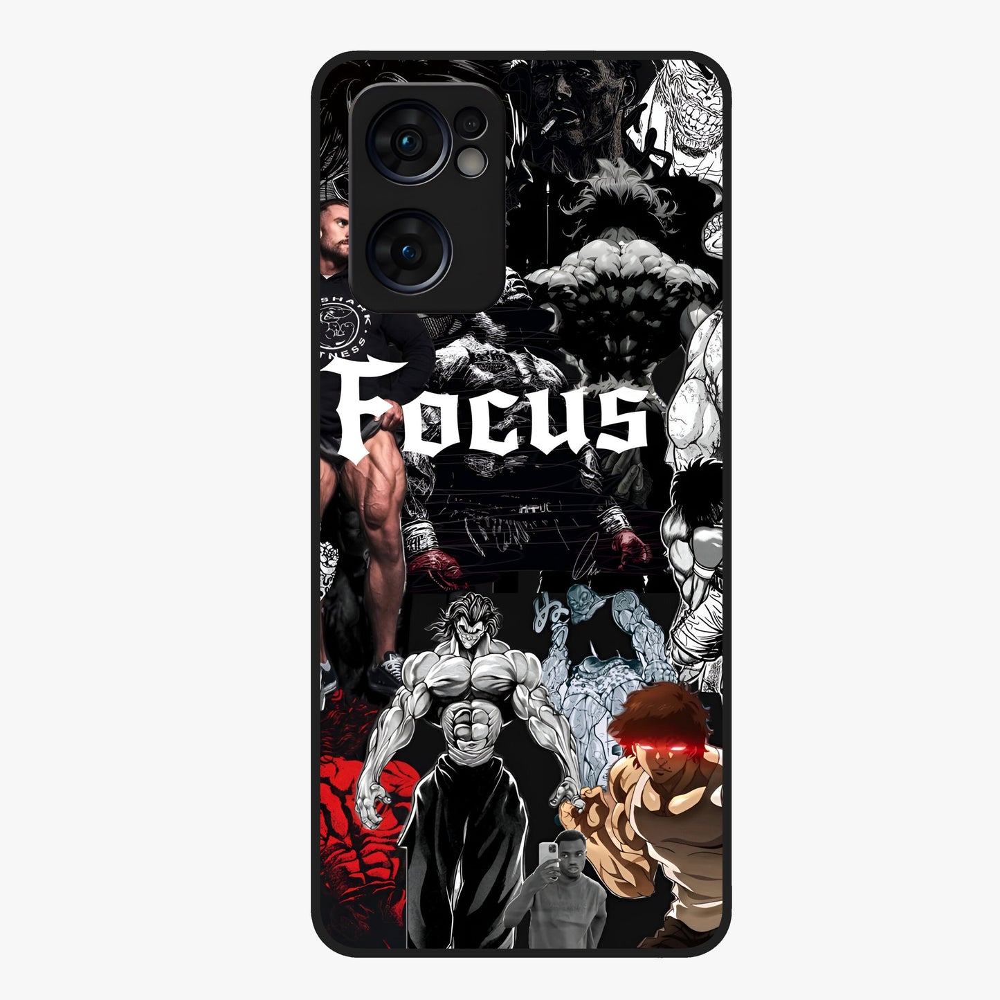Relentless Power Focus Glass Case showing flat back view with motivational typography artwork and glossy glass finish.