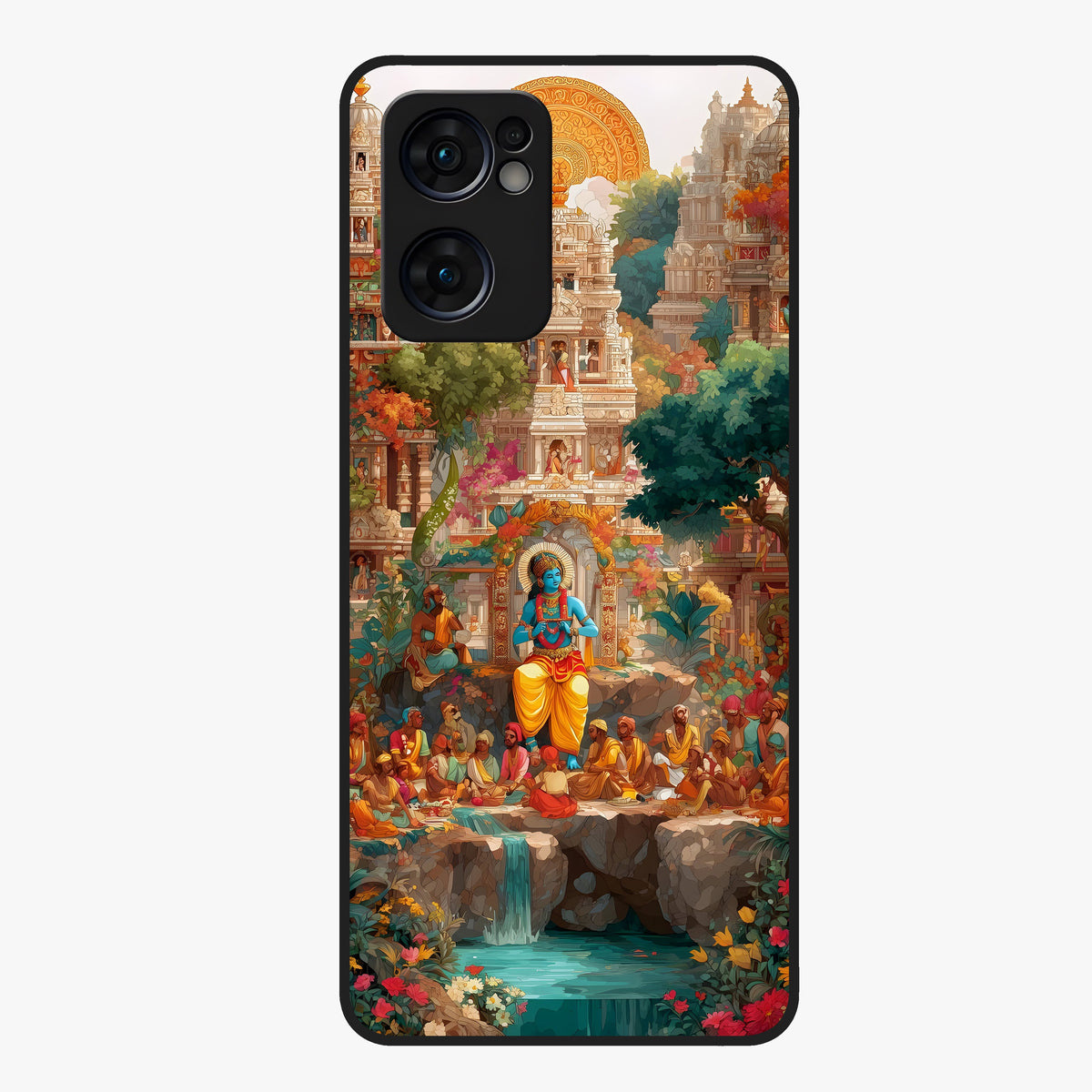 Sacred Sunlight Gods Glass Case showing flat back view with divine sunlight themed artwork and glossy glass finish.