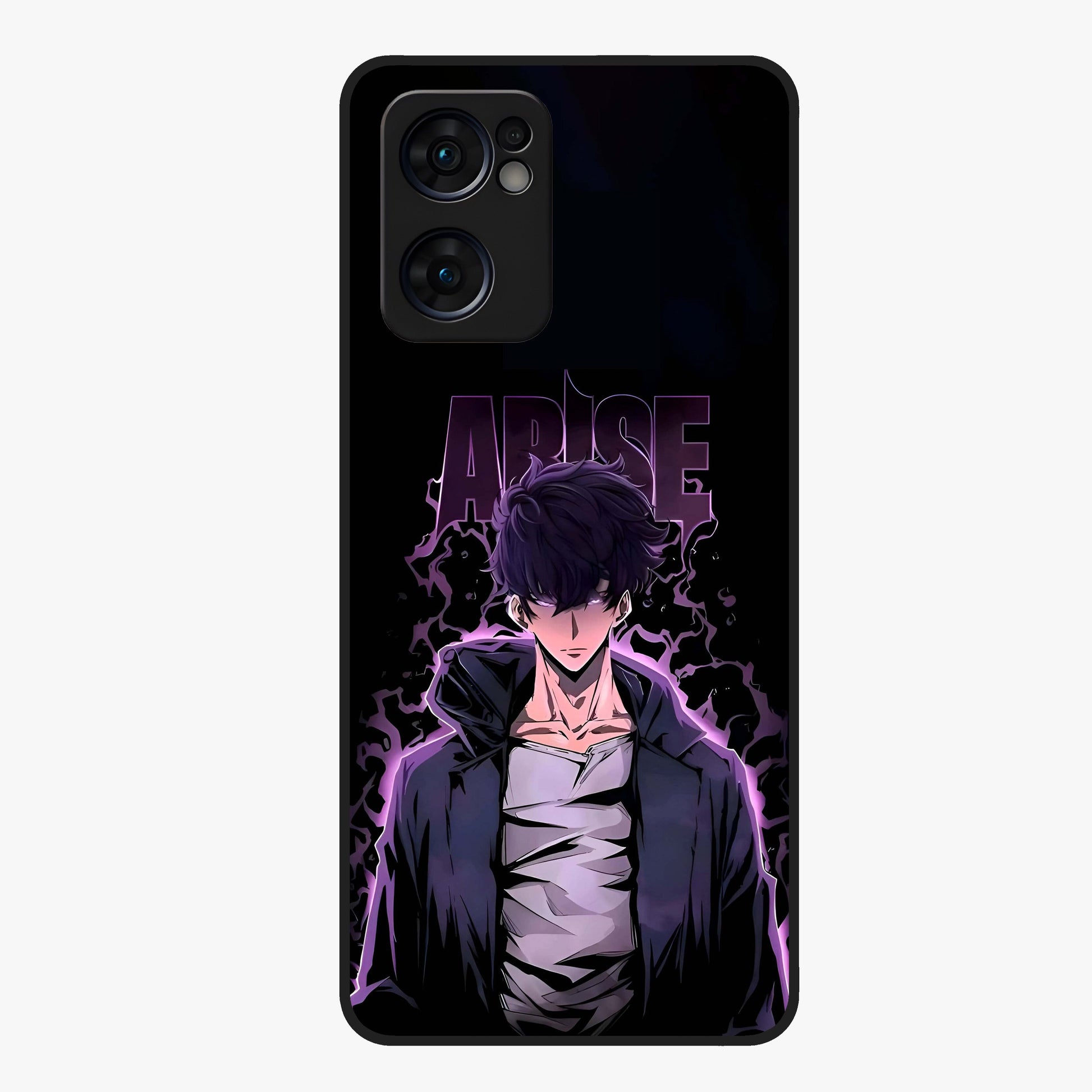 Shadow Monarch Awakening Glass Case showing flat back view with powerful dark monarch themed artwork and glossy glass finish.