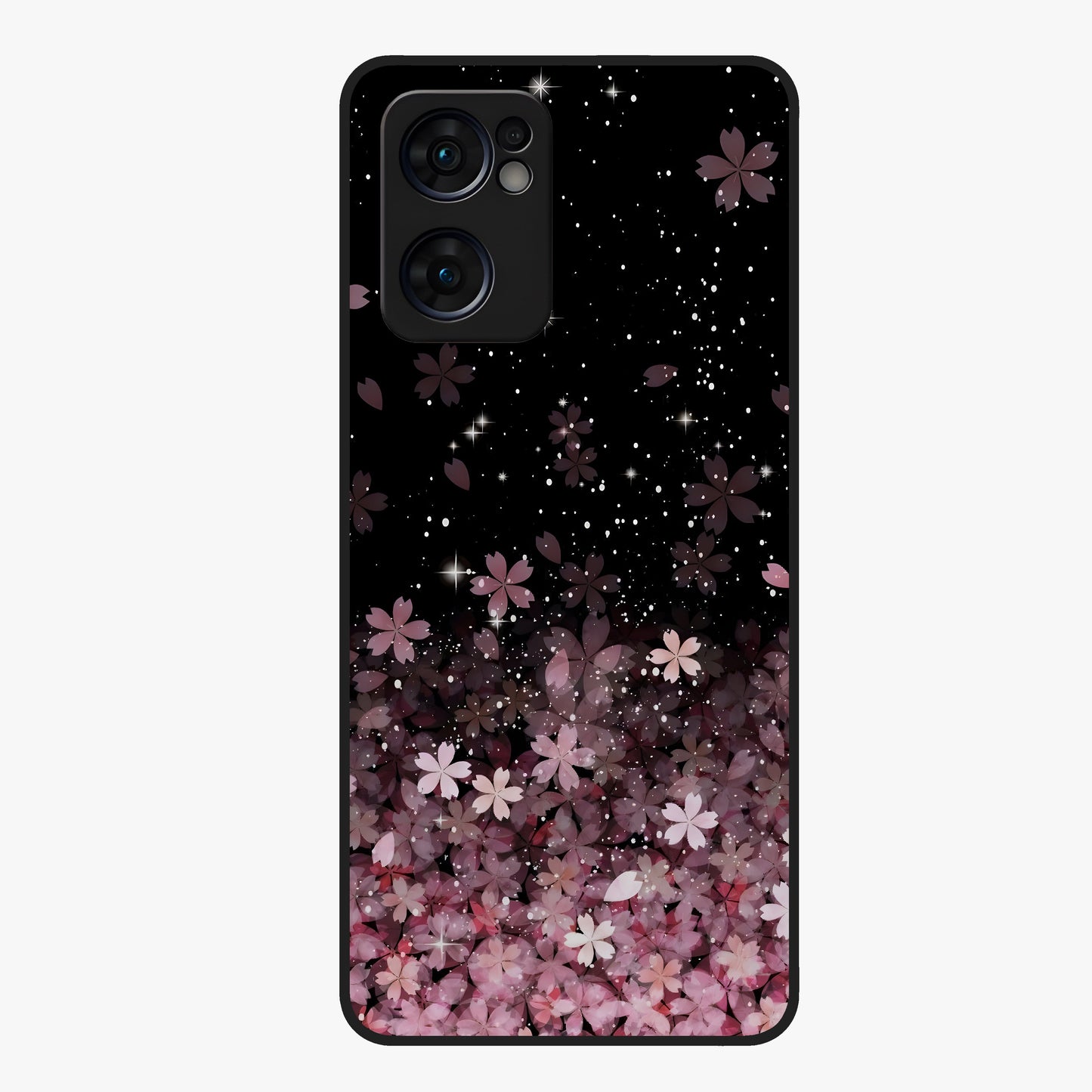 Small Starry Flowers Glass Case showing flat back view with delicate starry floral artwork and glossy glass finish.
