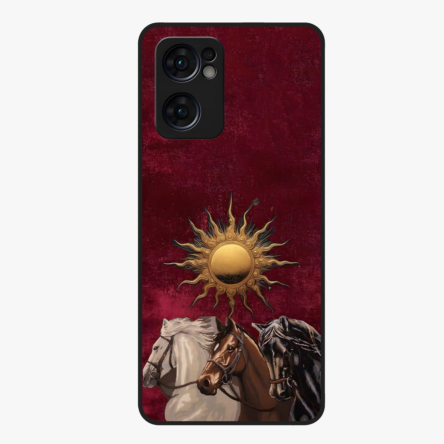 Solar Riders Glass Case showing flat back view with dynamic rider themed artwork and glossy glass finish.