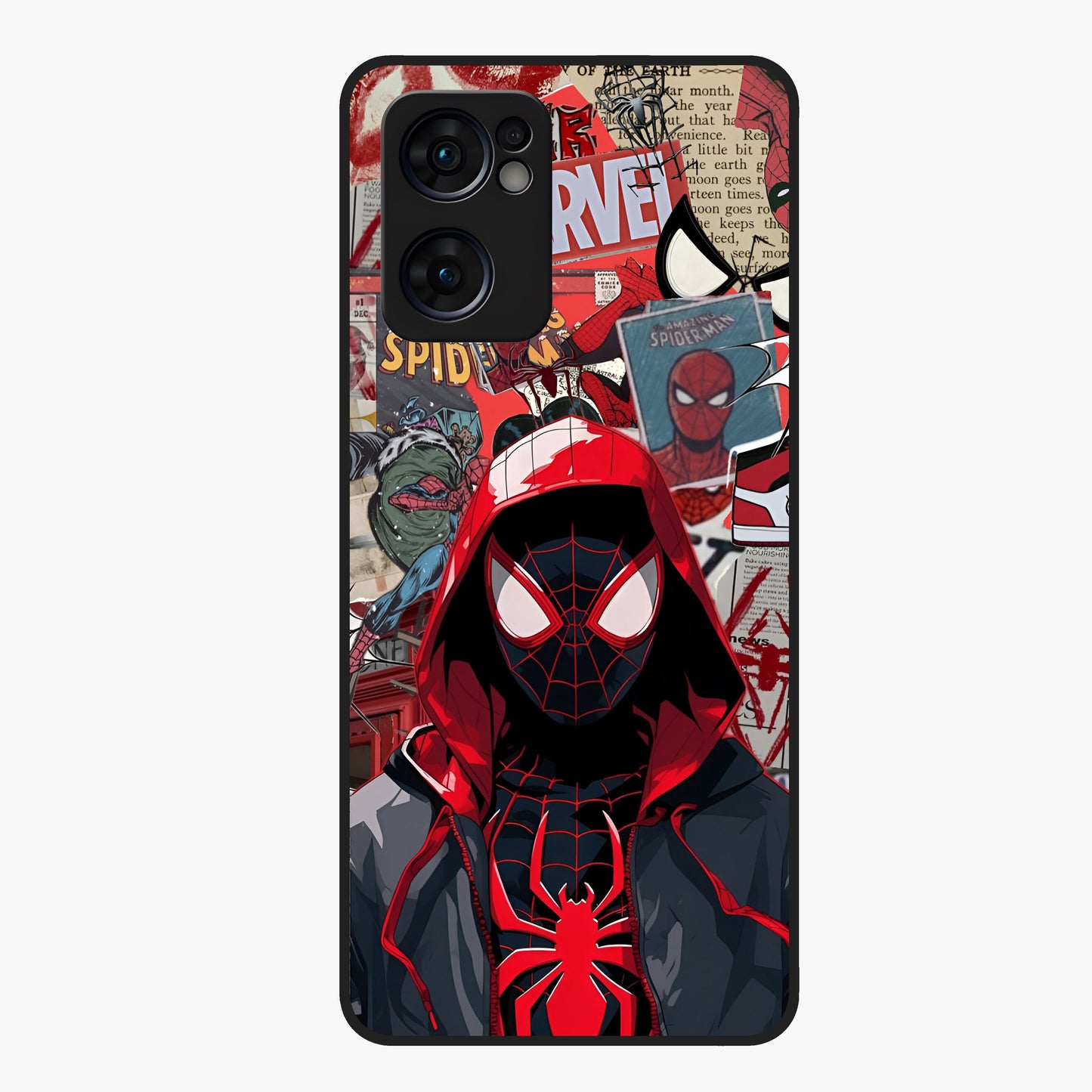 Spider Collage Street Glass Case showing flat back view with vibrant superhero collage artwork and glossy glass finish.