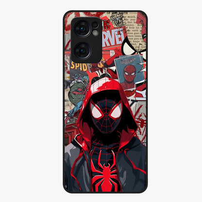 Spider Collage Street Glass Case showing flat back view with vibrant superhero collage artwork and glossy glass finish.