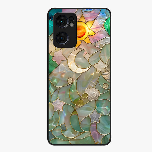 Stained Sunrise Glow Glass Case showing flat back view with glowing sunrise stained pattern artwork and glossy glass finish.