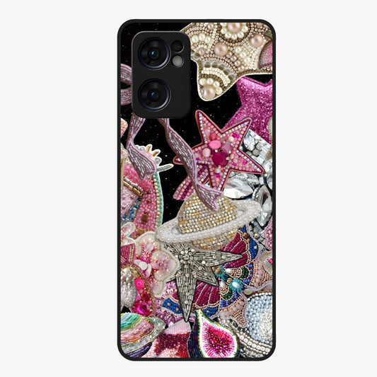 Starlit Jewel Dream Glass Case showing flat back view with sparkling jewel and star themed artwork and glossy glass finish.