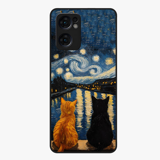 Starry River Cats Glass Case showing flat back view with cats by a starry river artwork and glossy glass finish.