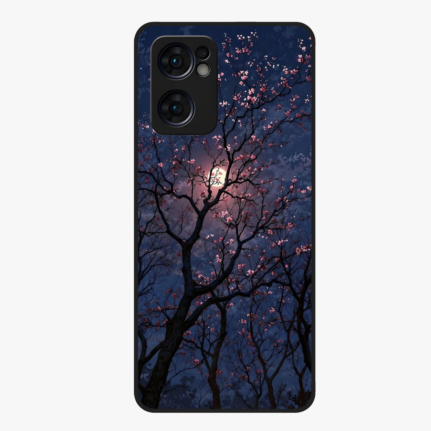 Twilight Sakura Serenade Glass Case showing flat back view with cherry blossom artwork at twilight and glossy glass finish.