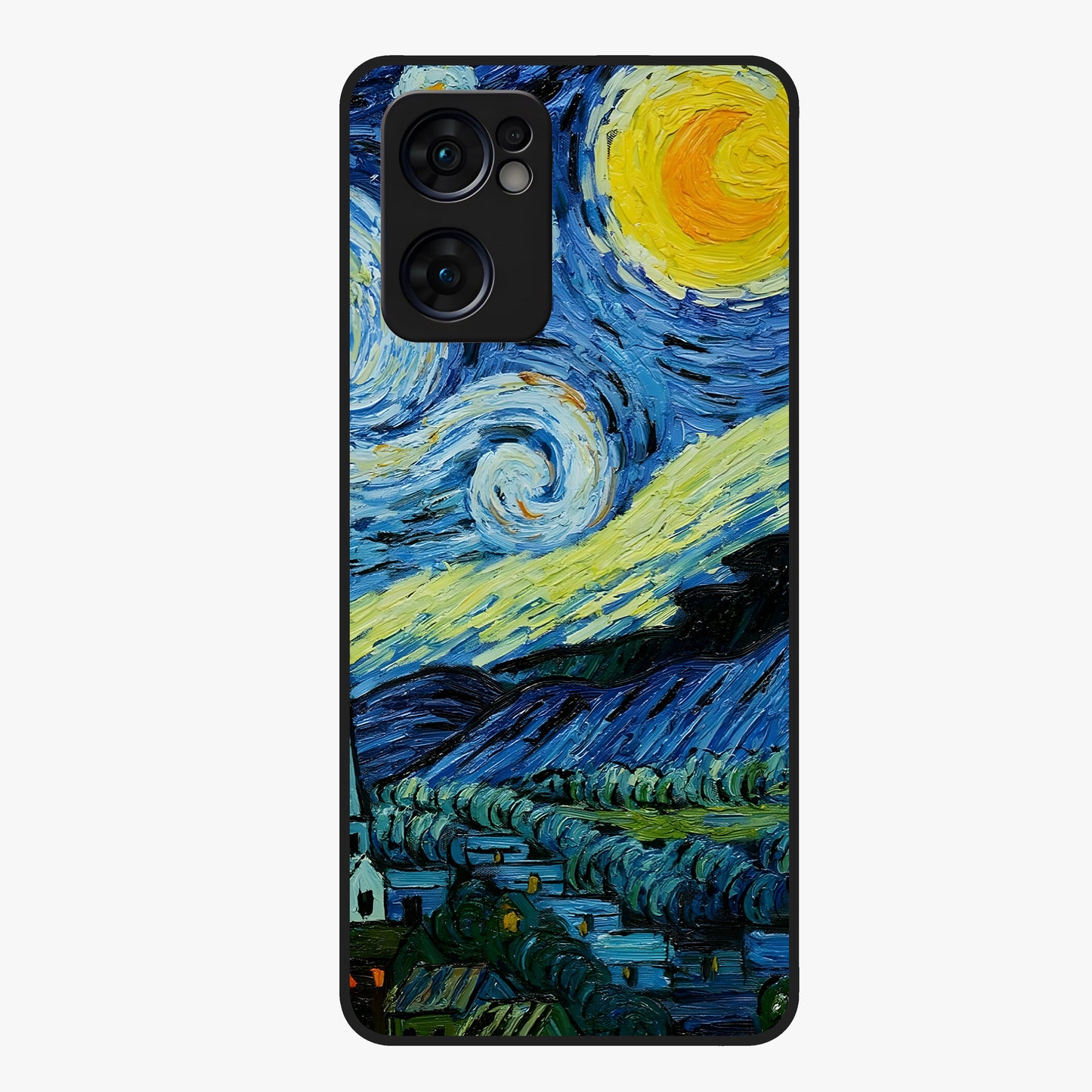 Van Gogh Art Glass Case showing flat back view with classic painterly artwork inspired by Van Gogh style and glossy glass finish.