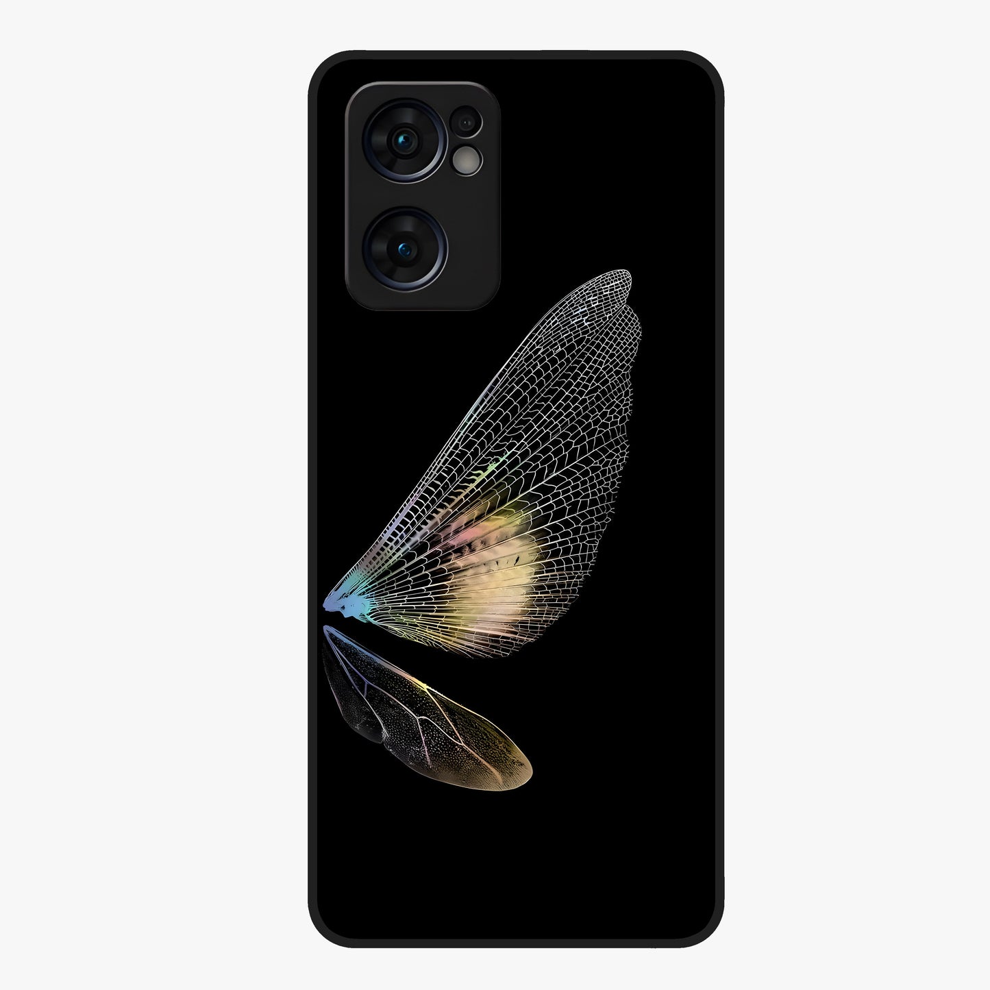 Whispers Of Wings Glass Case showing flat back view with graceful wing inspired artwork and glossy glass finish.