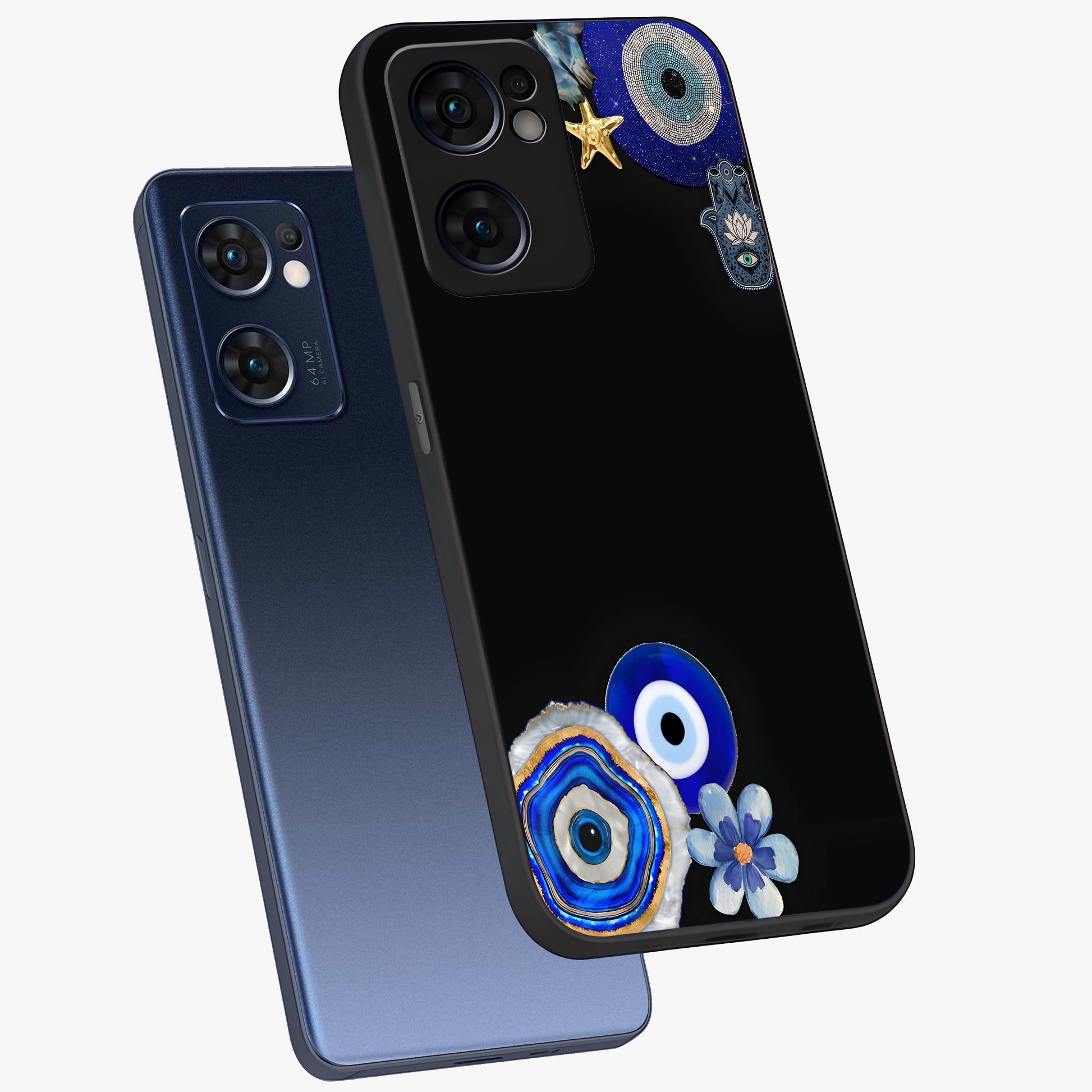 Aesthetic Blue Evil Eye Glass Case displayed in angled mockup highlighting blue evil eye symbol and spiritual aesthetic design.