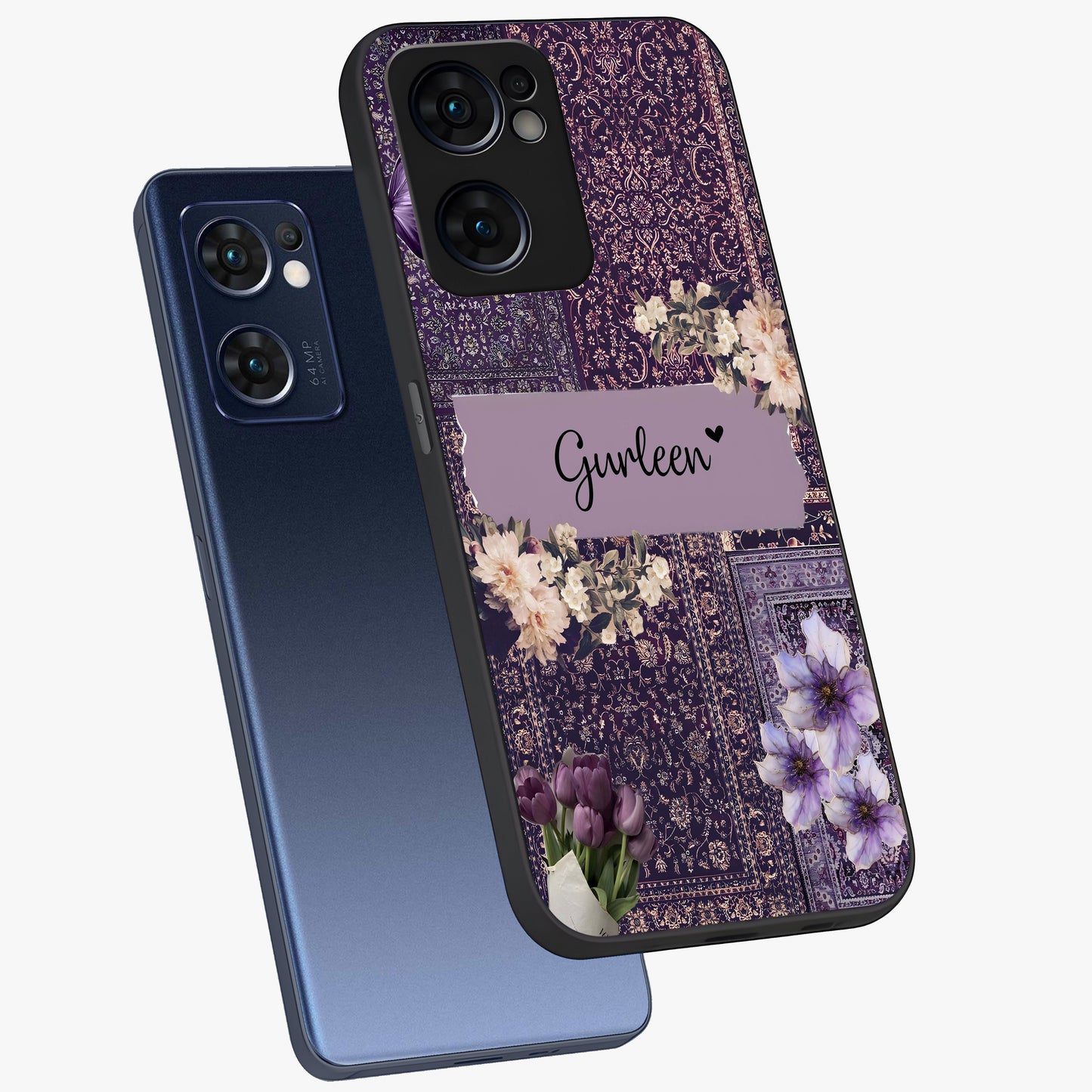 Antique Floral Whisper Custom Name Glass Case displayed in angled mockup highlighting elegant antique floral aesthetic.