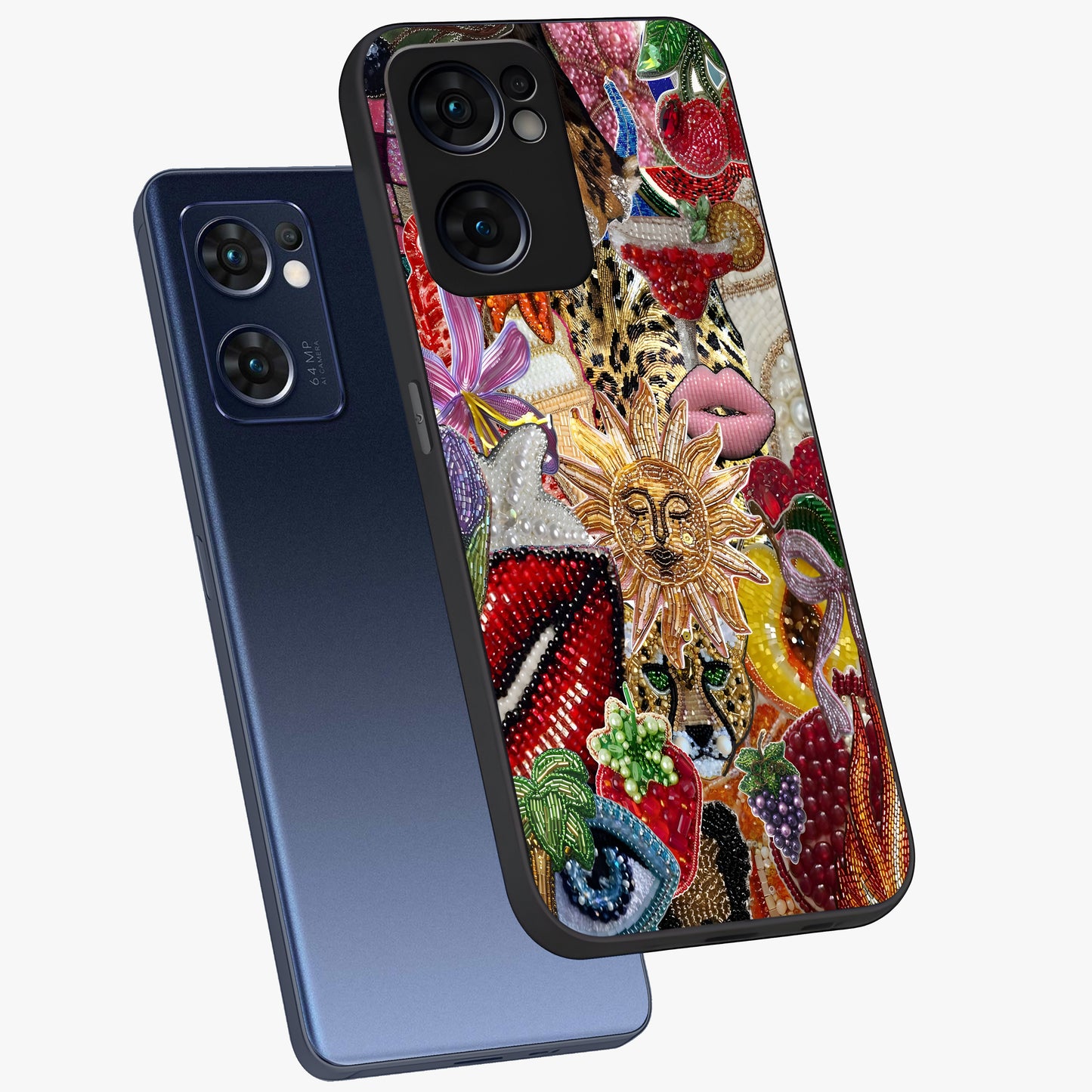 Beaded Fashion Jungle Glass Case displayed in angled mockup highlighting colorful fashion bead design and artistic pattern.