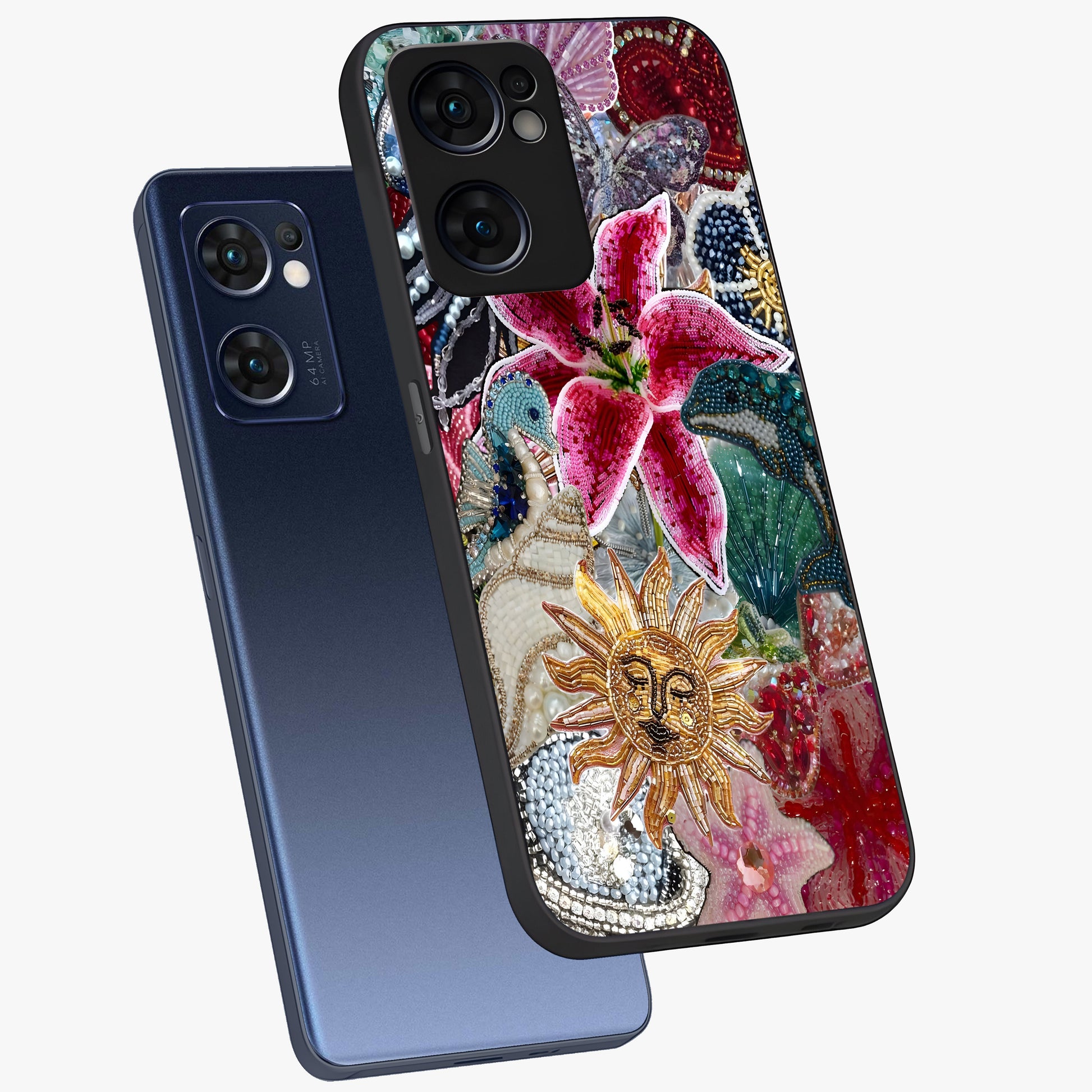 Beaded Garden Fantasy Glass Case displayed in angled mockup highlighting fantasy inspired floral bead pattern.