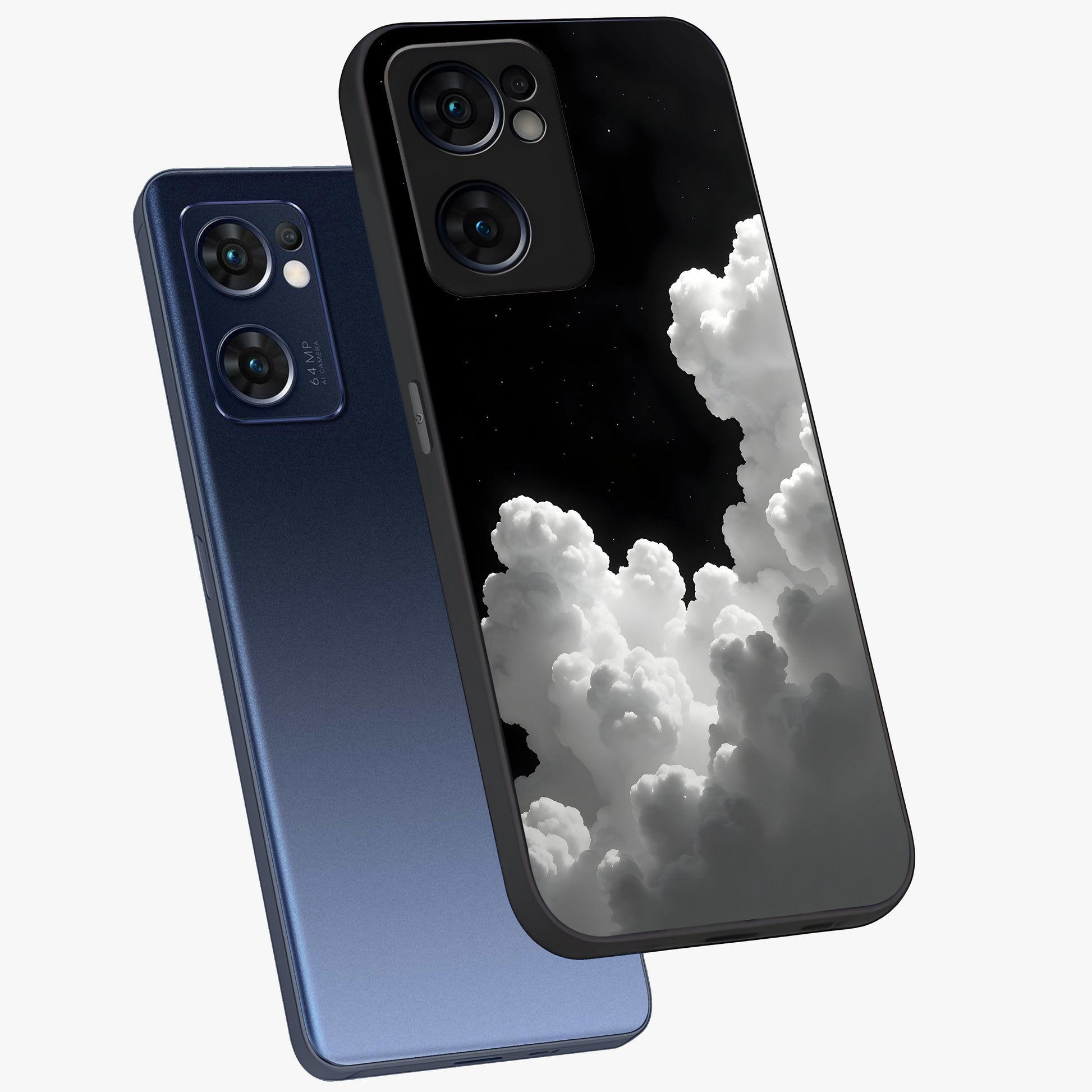 Black Background With White Cloud Glass Case displayed in angled mockup highlighting soft white cloud illustration and minimal design.
