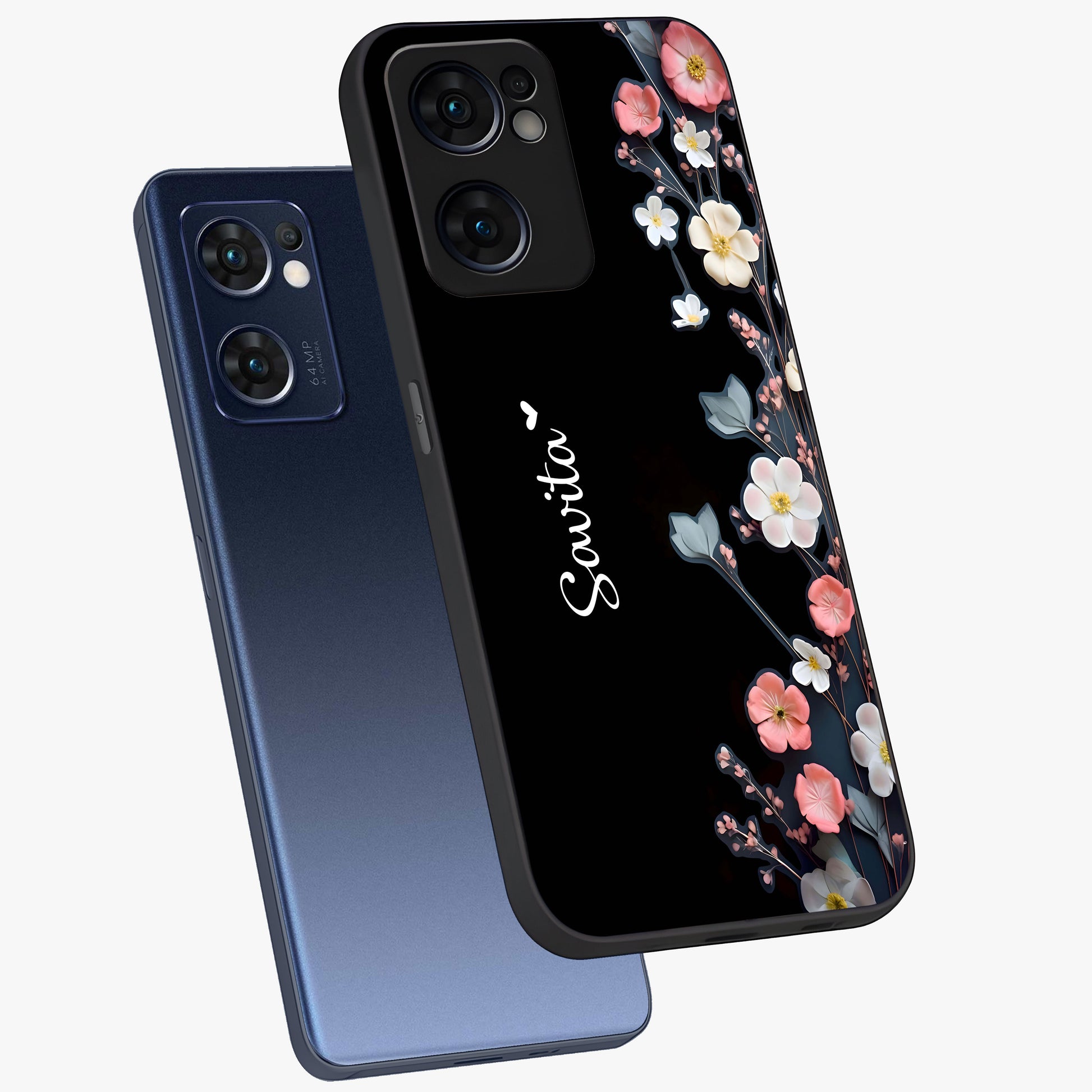Black Elegance Floral Custom Name Glass Case displayed in angled mockup highlighting dark floral aesthetic and custom name feature.
