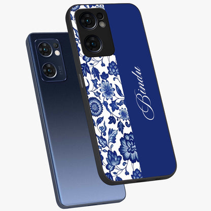 Blue Vintage Floral Pattern Glass Case displayed in angled mockup highlighting subtle bloom pattern with aesthetic pastel design.
