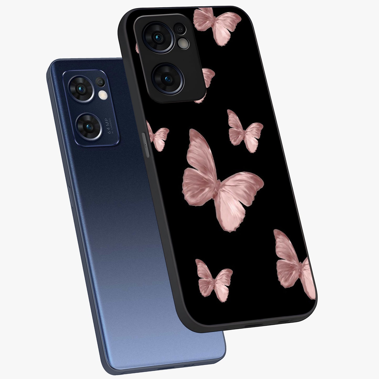 Butterfly Pattern Glass Case displayed in angled mockup highlighting delicate butterfly design and aesthetic pattern style.