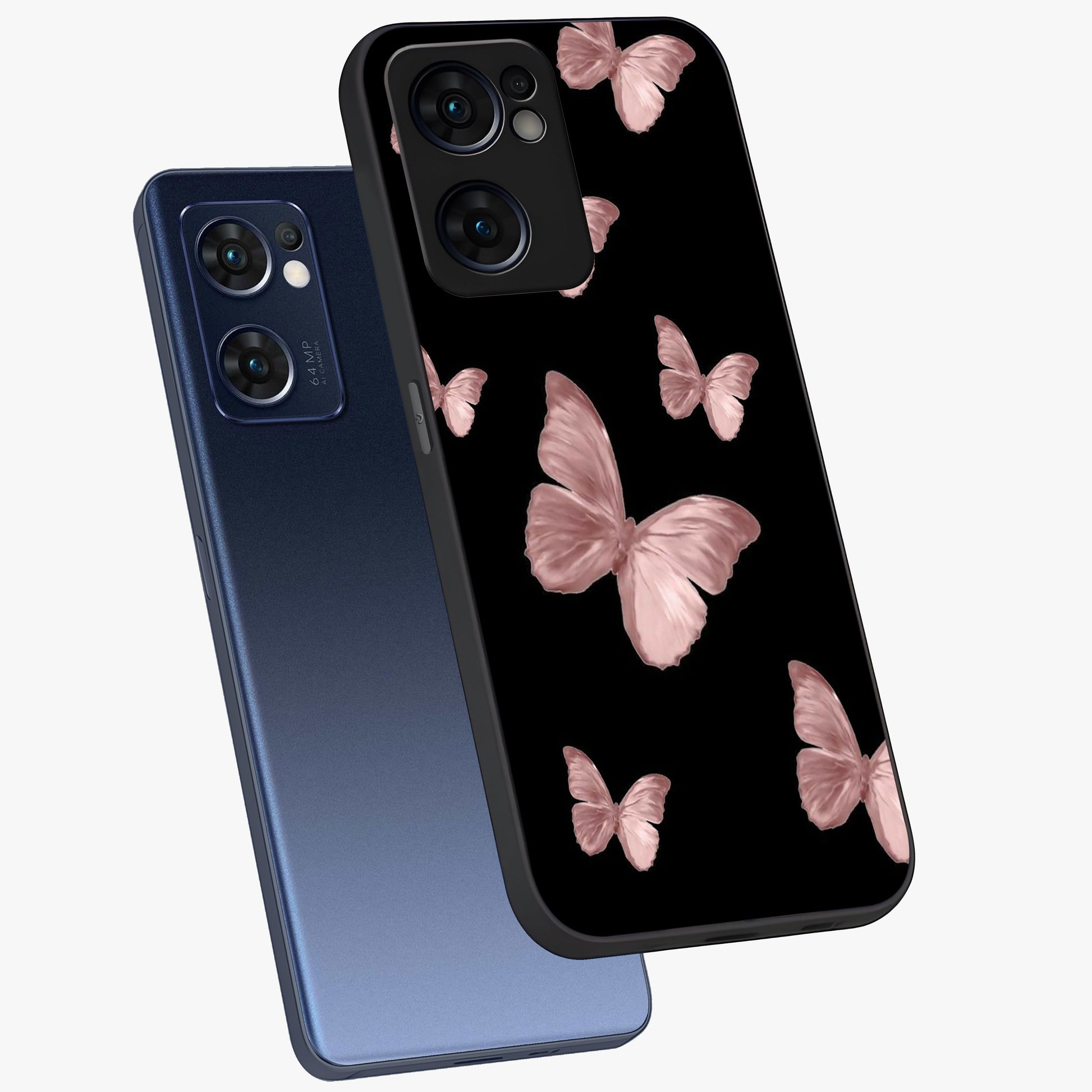 Butterfly Pattern Glass Case displayed in angled mockup highlighting delicate butterfly design and aesthetic pattern style.