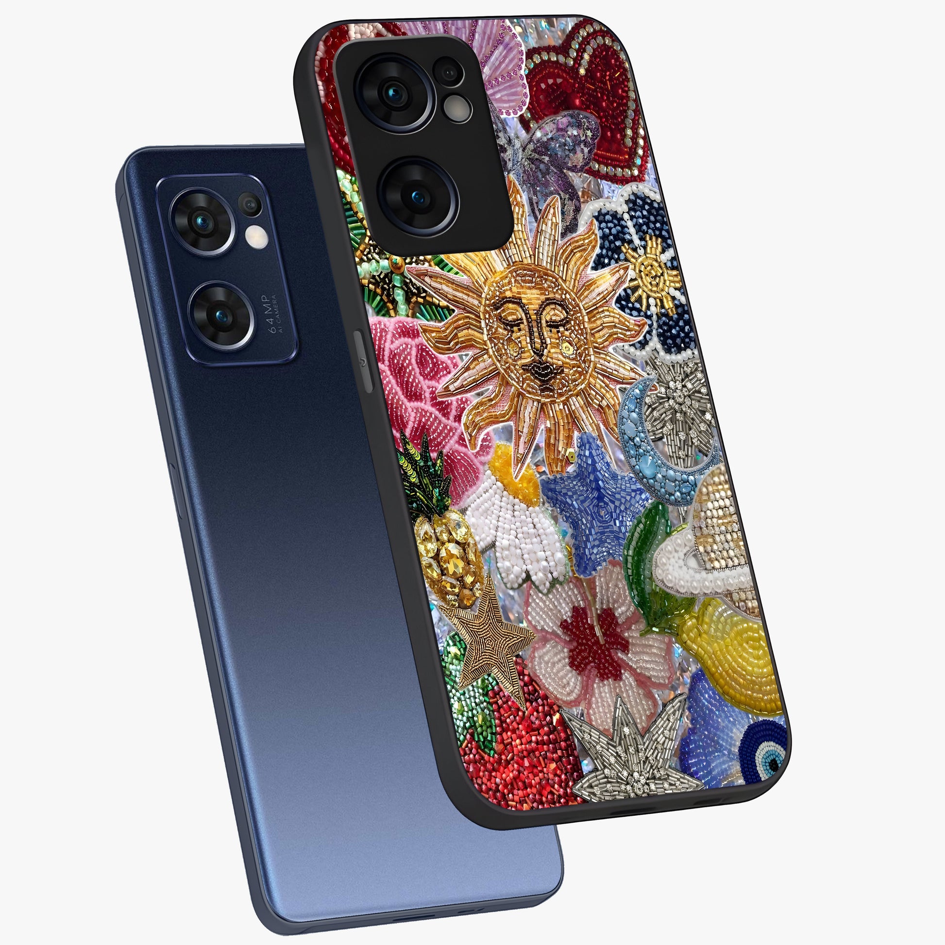 Celestial Floral and Playful Glass Case displayed in angled mockup highlighting playful floral design with dreamy celestial elements.