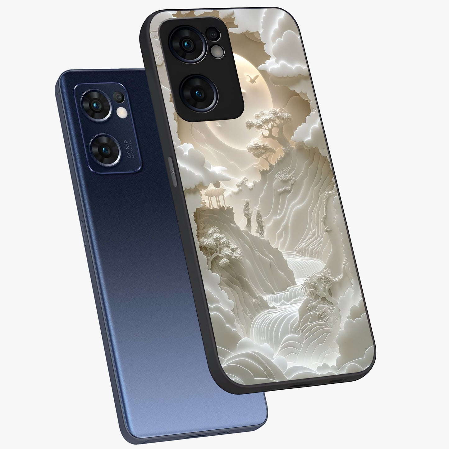 Celestial Origami Glass Case displayed in angled mockup highlighting geometric origami design with cosmic aesthetic theme.