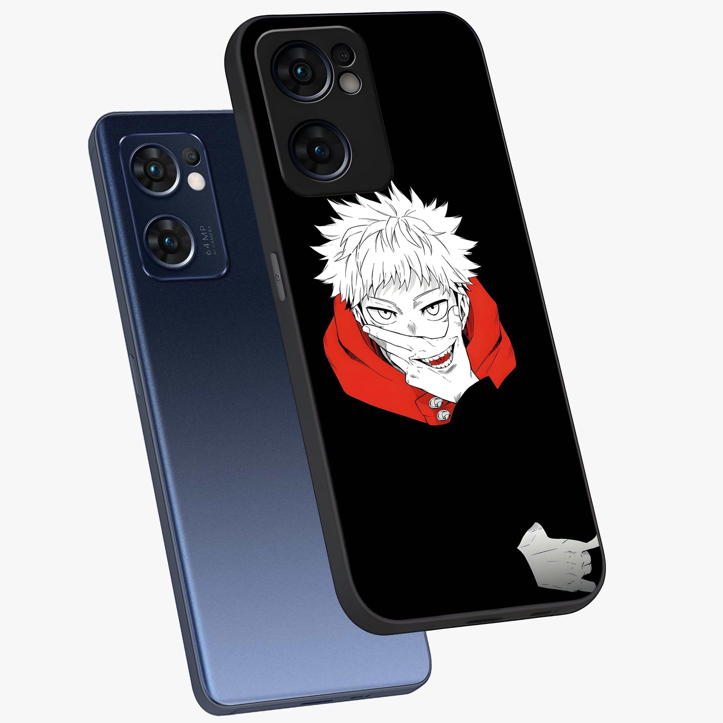 Crimson Chaos Smile Glass Case displayed in angled mockup highlighting edgy crimson smile design with graphic aesthetic.