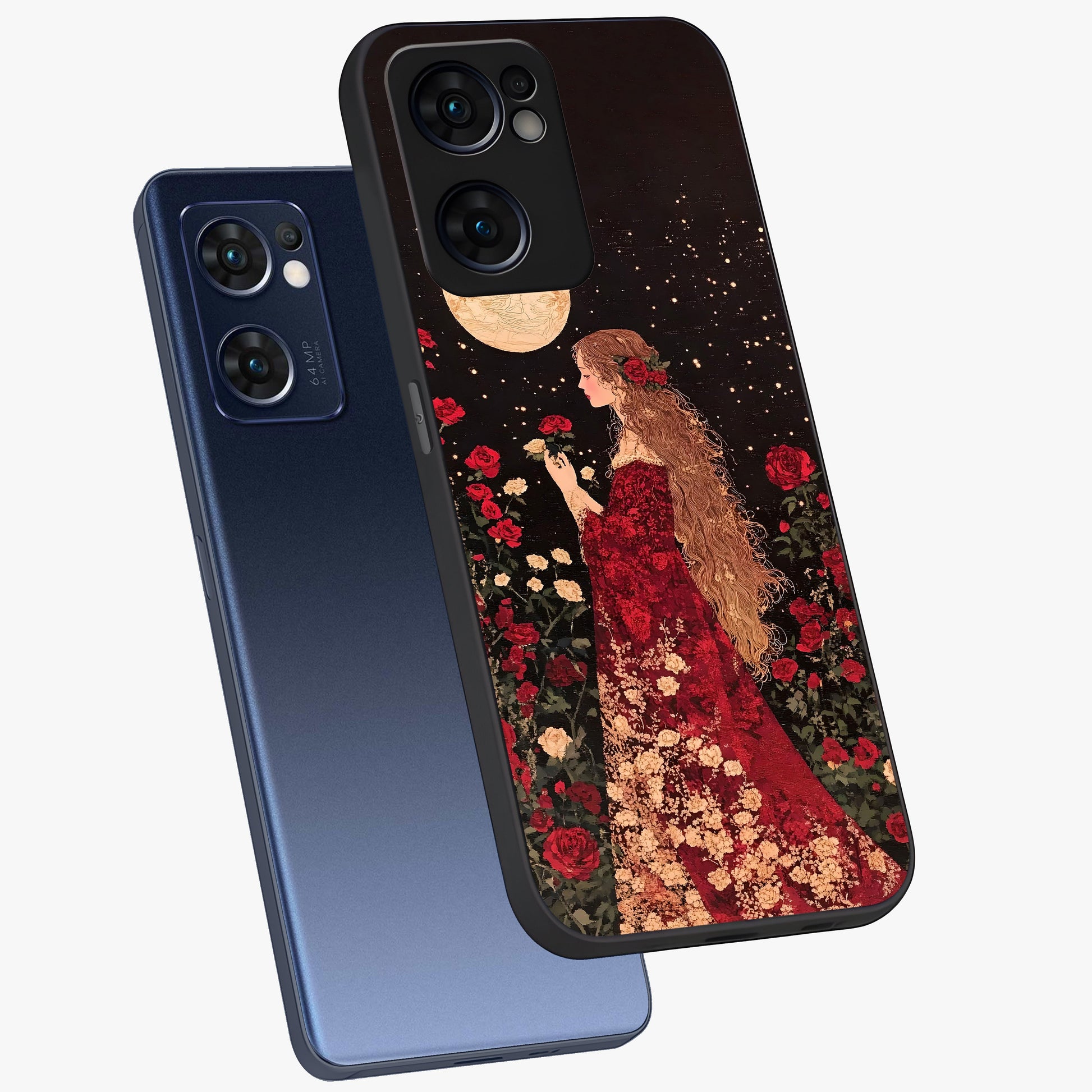 Crimson Dreams Glass Case displayed in angled mockup highlighting soft crimson aesthetic design with artistic theme.