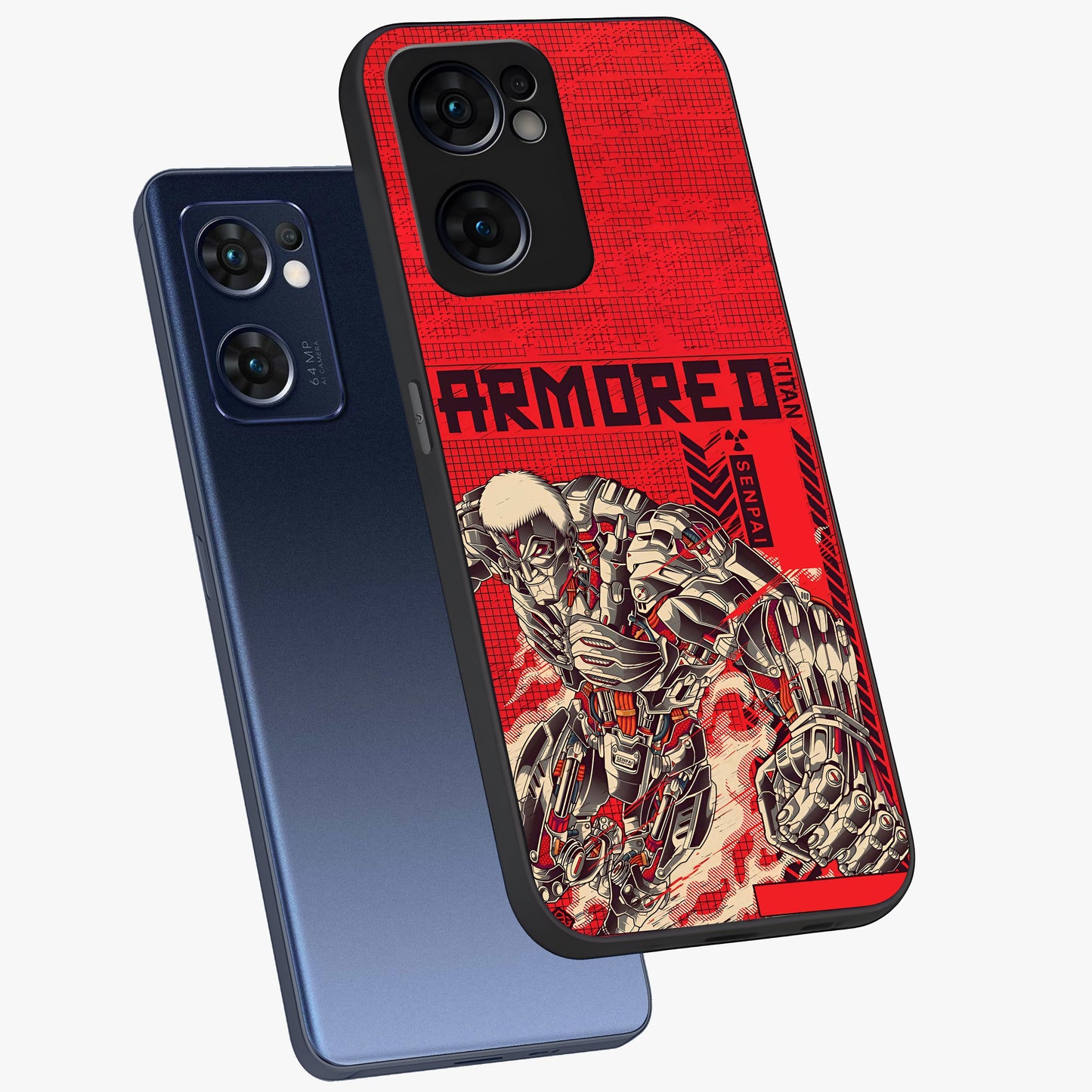 Crimson Mecha Titan Glass Case displayed in angled mockup highlighting futuristic mech illustration with bold crimson aesthetic.