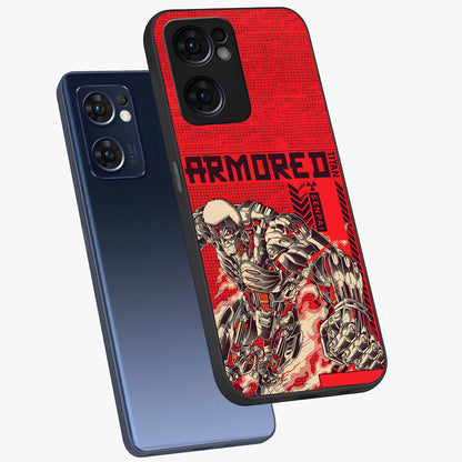 Crimson Mecha Titan Glass Case displayed in angled mockup highlighting futuristic mech illustration with bold crimson aesthetic.