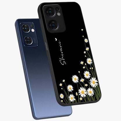 Daisy Cascade Custom Name Glass Case displayed in angled mockup highlighting delicate daisy artwork with custom name feature.
