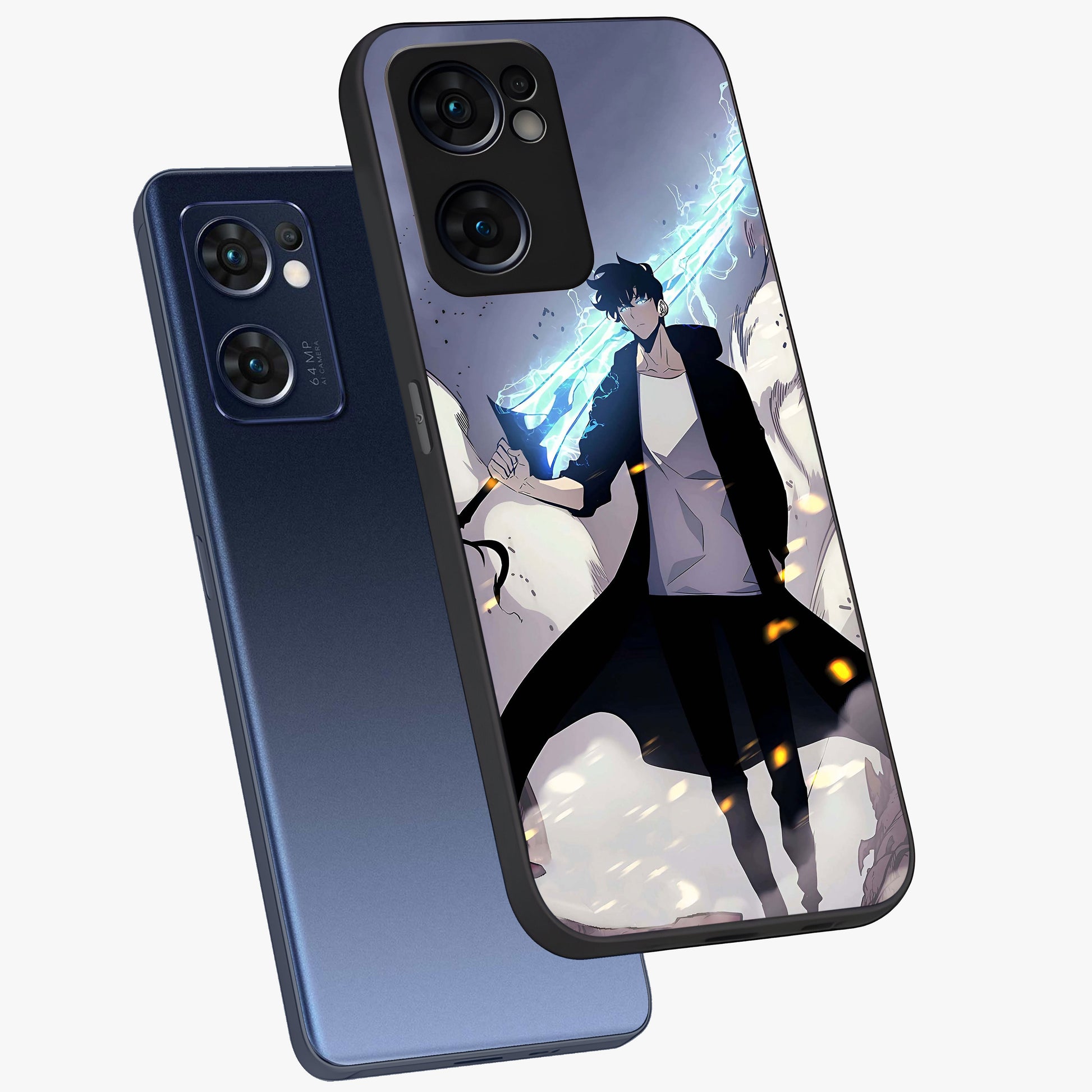 Dark Lightning Anime Warrior Glass Case displayed in angled mockup highlighting powerful lightning themed anime illustration.