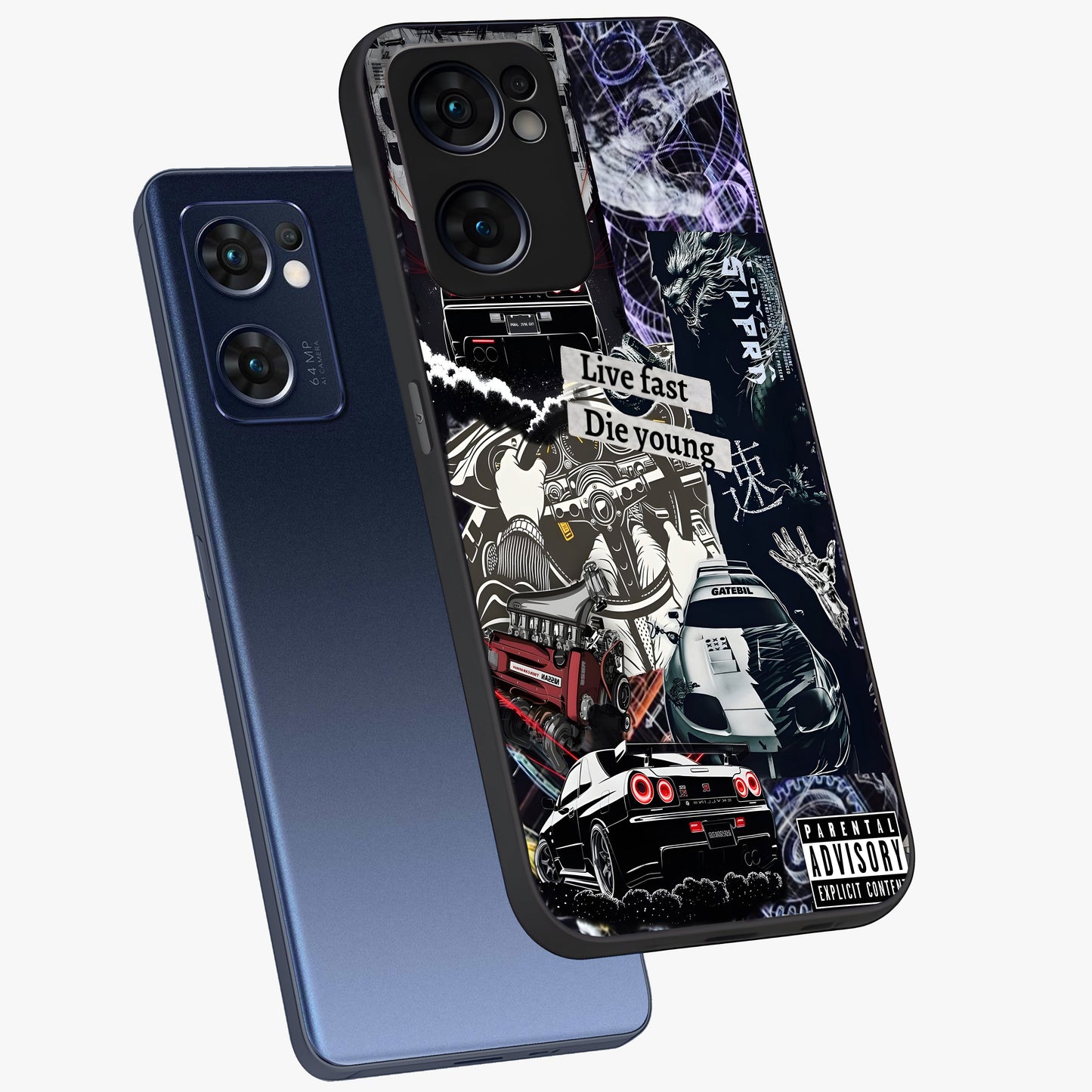 Die Young Glass Case displayed in angled mockup highlighting expressive graphic artwork with edgy aesthetic style.