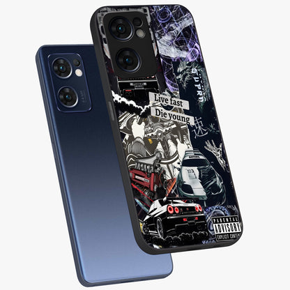 Die Young Glass Case displayed in angled mockup highlighting expressive graphic artwork with edgy aesthetic style.