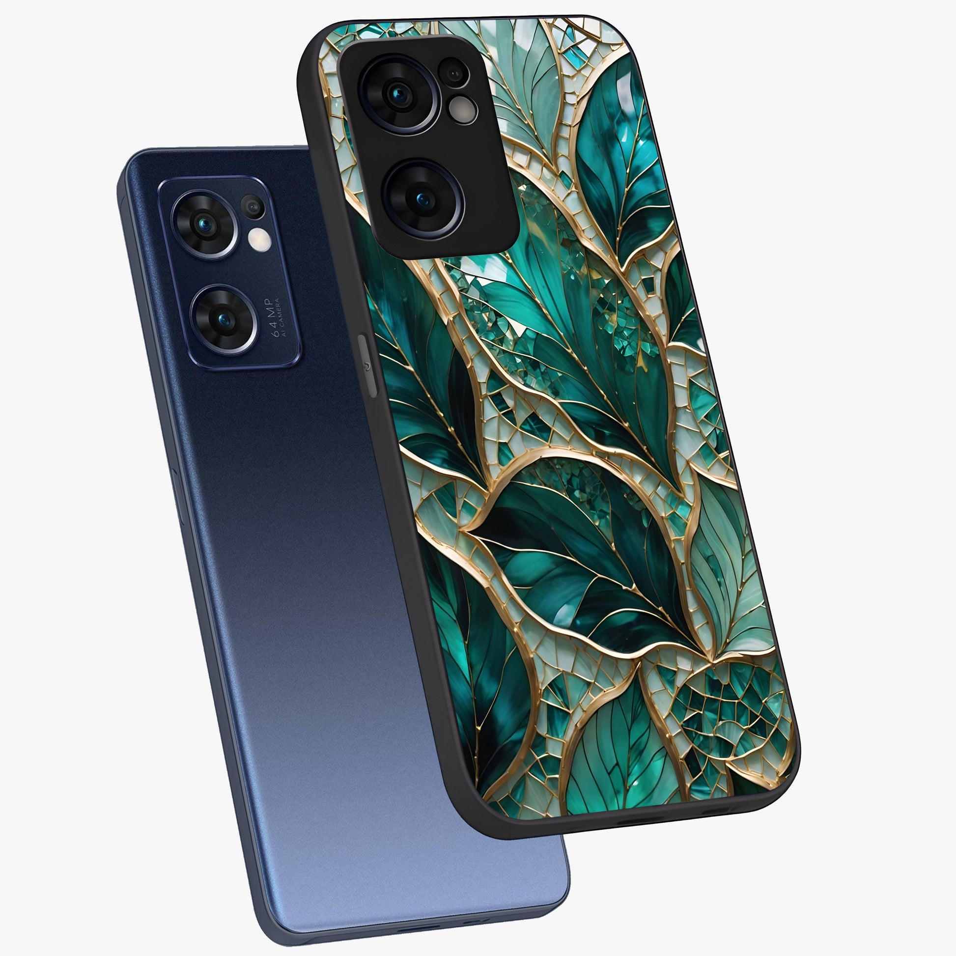 Emerald Leaf Glass Glass Case displayed in angled mockup highlighting botanical leaf illustration with elegant natural aesthetic.
