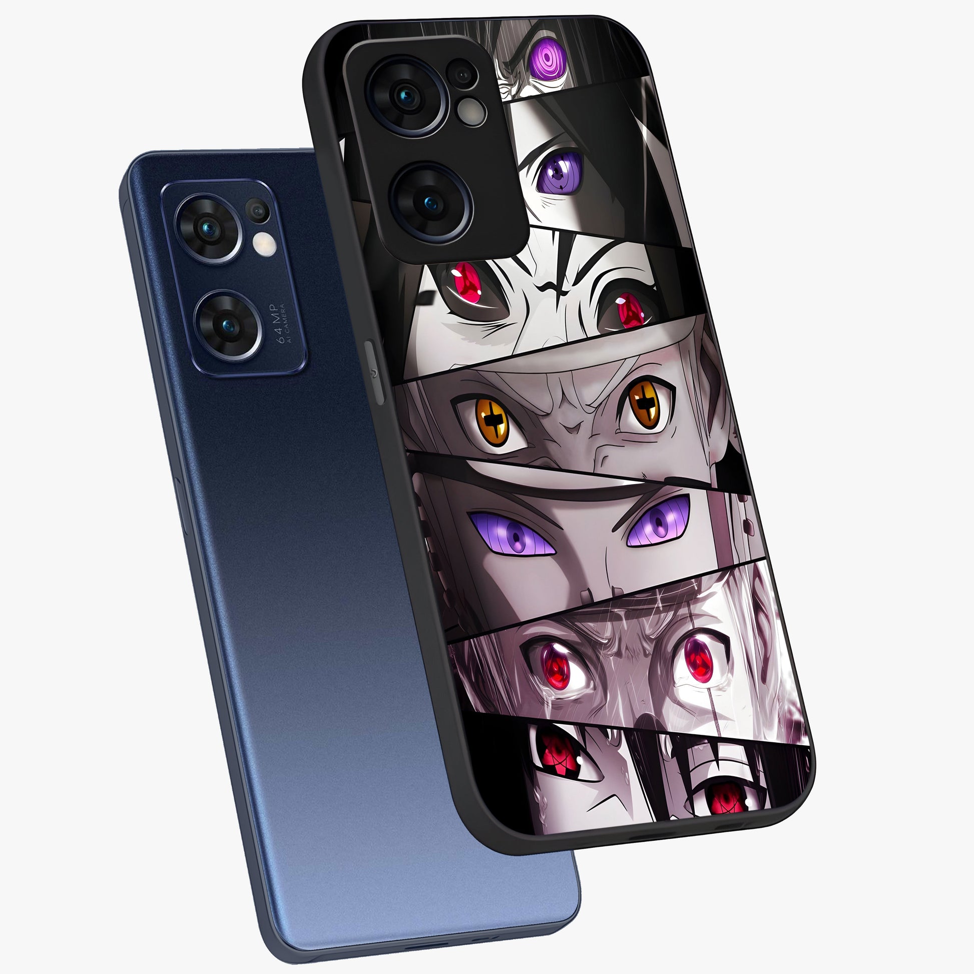 Eyes of Destiny Glass Case displayed in angled mockup highlighting bold eye illustration with mystical aesthetic style.