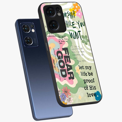 Faith Over Fear Glass Case displayed in angled mockup highlighting inspirational message design with modern aesthetic style.