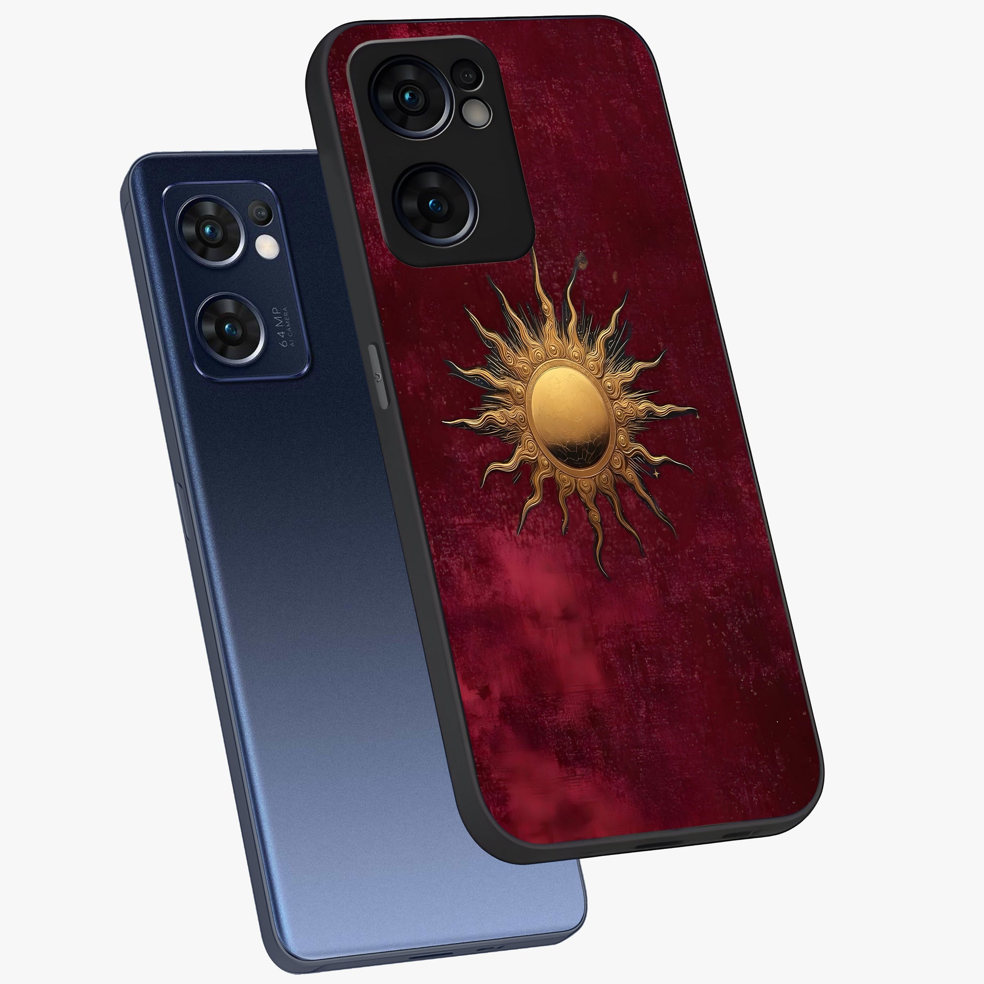 Golden Sun Minimalism Glass Case displayed in angled mockup highlighting clean sun symbol design with modern minimal aesthetic.