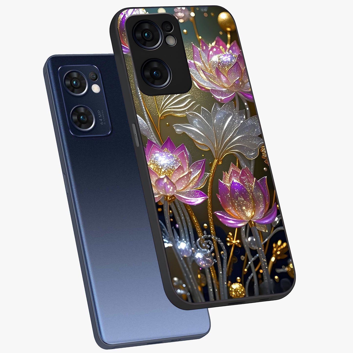 Golden Floral Majesty Glass Case displayed in angled mockup highlighting elegant flower design with royal golden aesthetic.
