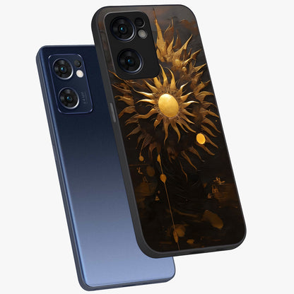 Golden Sun Majesty Glass Case displayed in angled mockup highlighting eerie shadow illustration with gothic aesthetic.