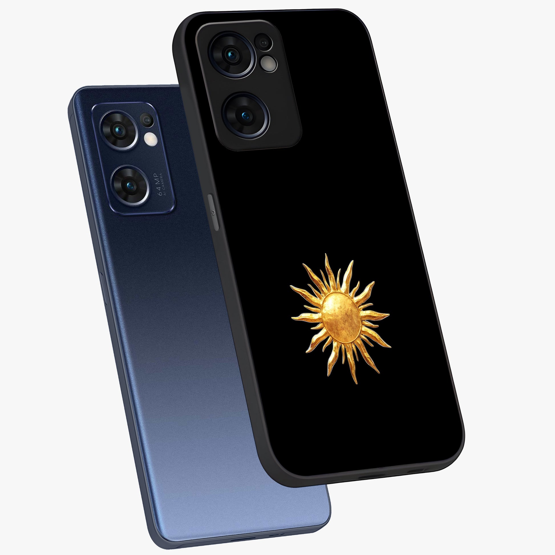Golden Sun Minimalism Glass Case displayed in angled mockup highlighting eerie shadow illustration with gothic aesthetic.