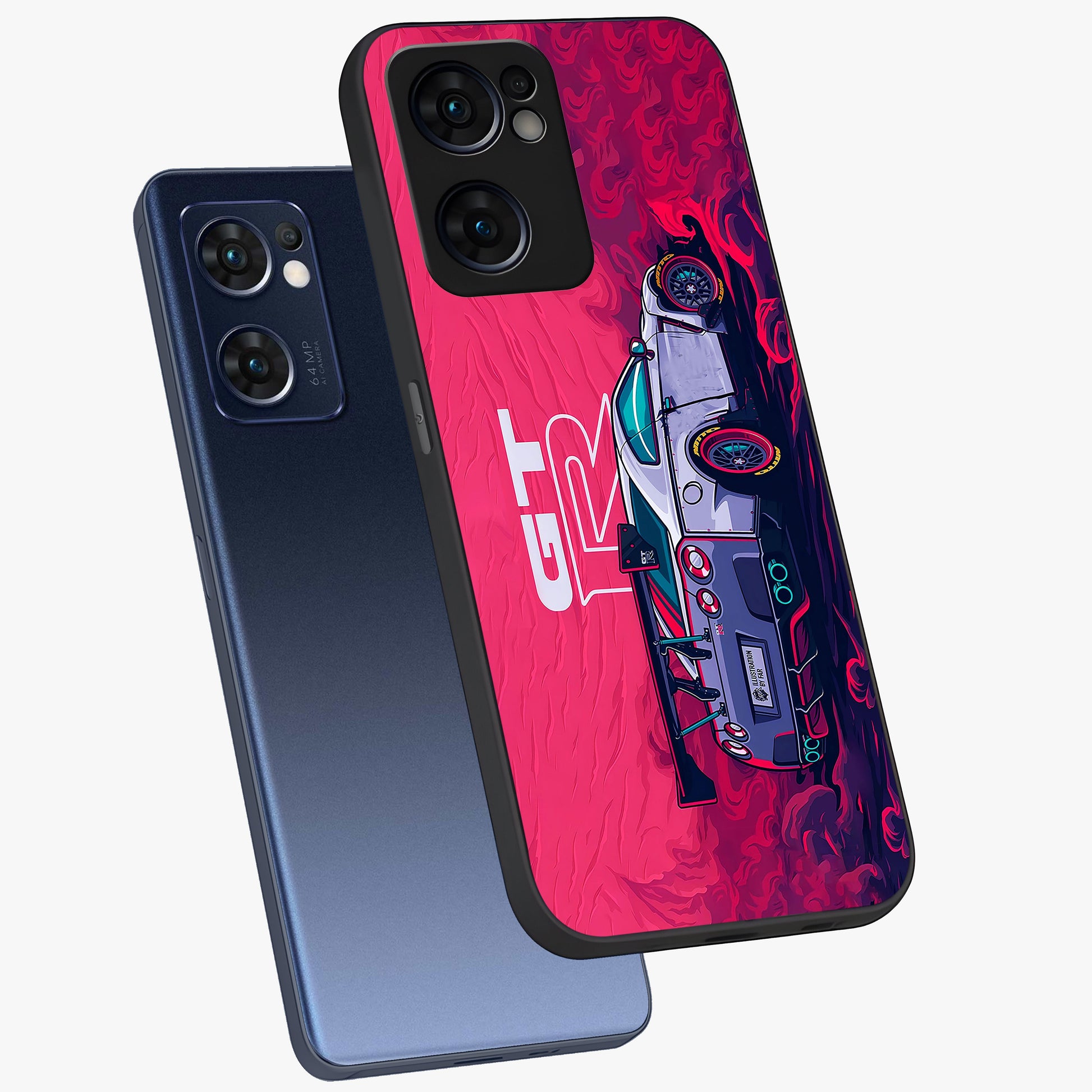 GT-R Car Pattern Glass Case displayed in angled mockup highlighting racing car graphic design with bold automotive aesthetic.