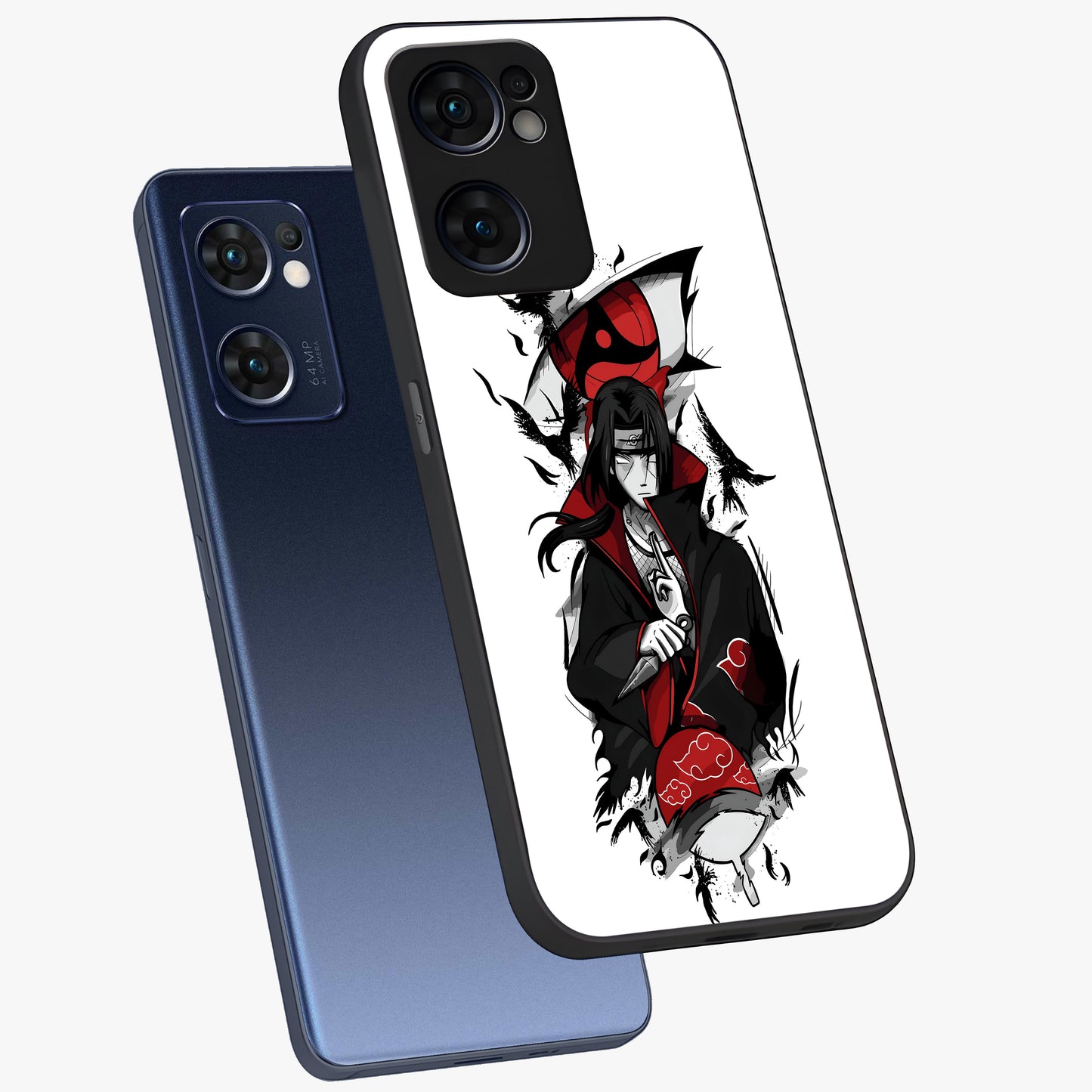 Itachi Limited Edition Naruto Anime Glass Case displayed in angled mockup highlighting dramatic anime illustration with bold action aesthetic.