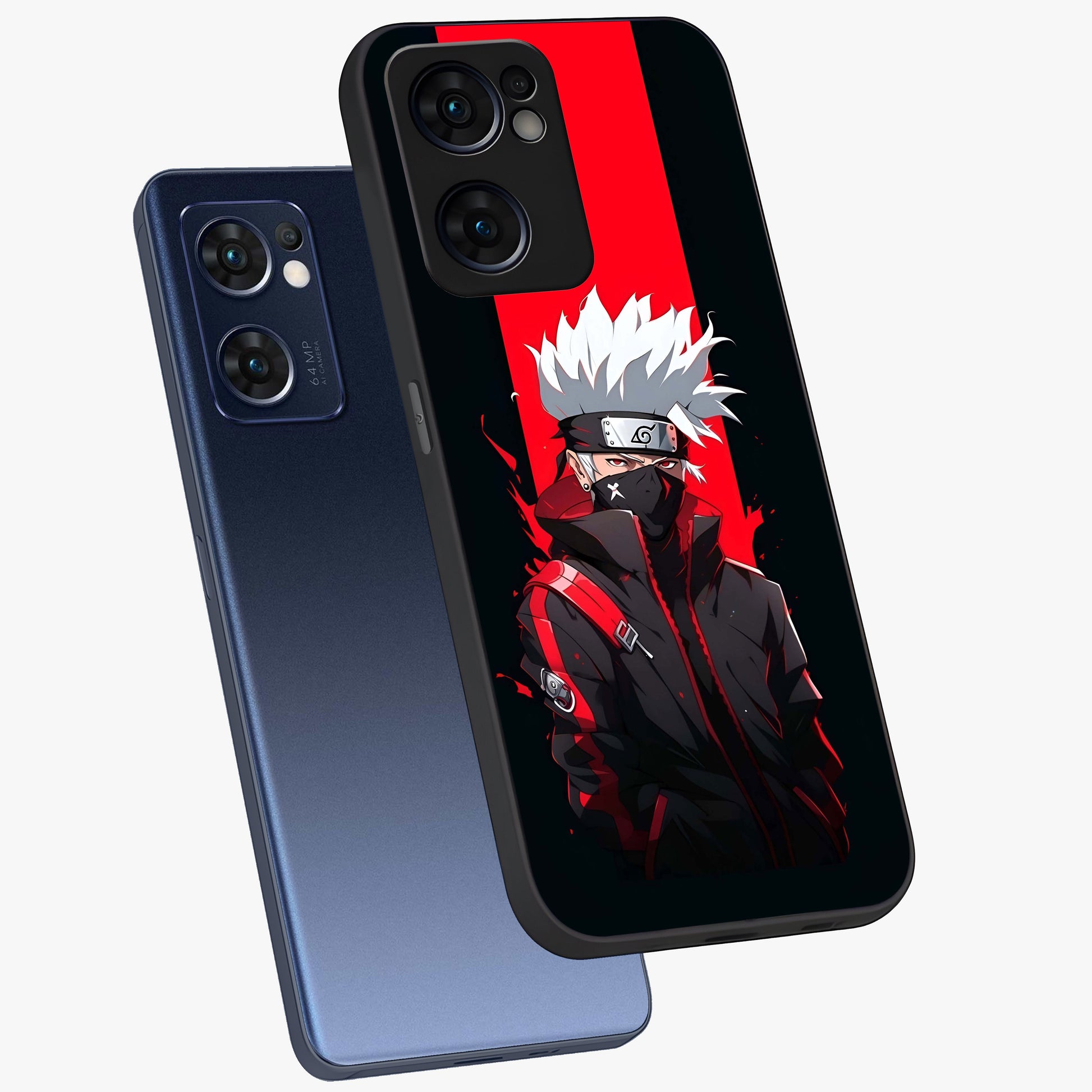 Kakashi Scarlet Shadow Glass Case displayed in angled mockup highlighting dramatic ninja illustration with scarlet themed aesthetic.