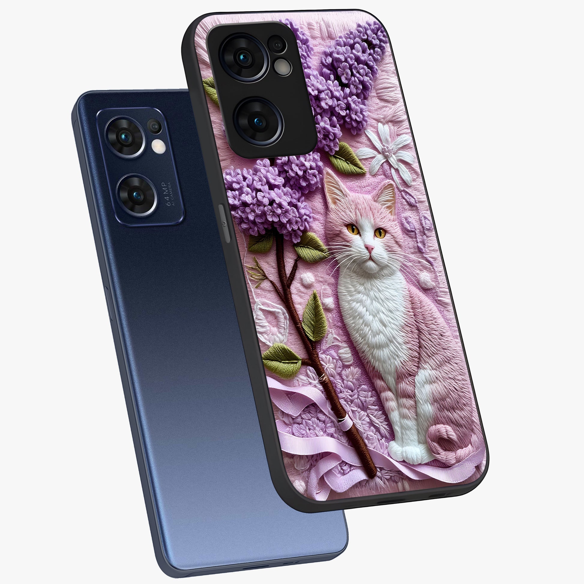 Lavender Cat Whimsy Glass Case displayed in angled mockup highlighting playful feline illustration with pastel lavender aesthetic.