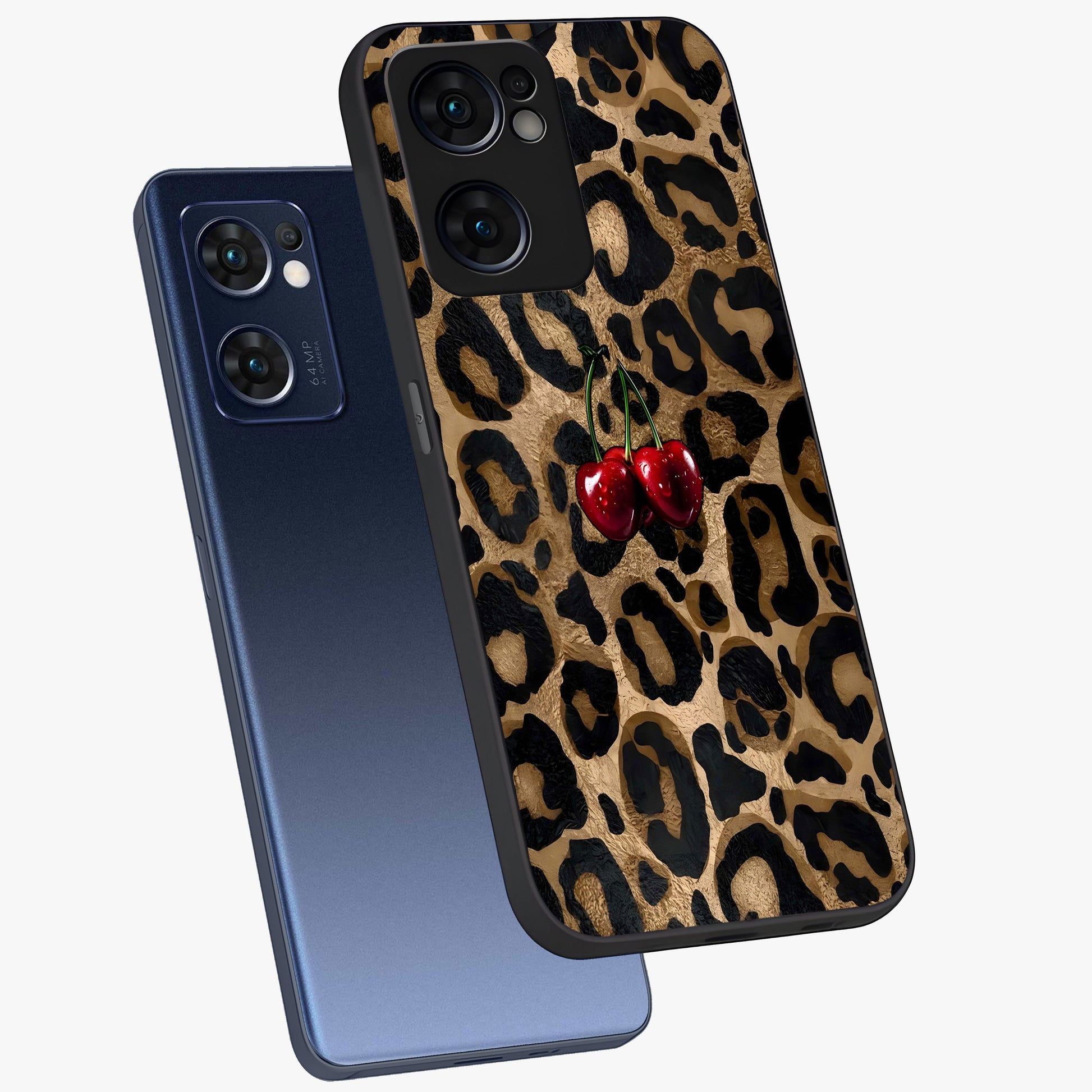 Leopard Wild Cherry Glass Case displayed in angled mockup highlighting bold animal print design with playful cherry aesthetic.