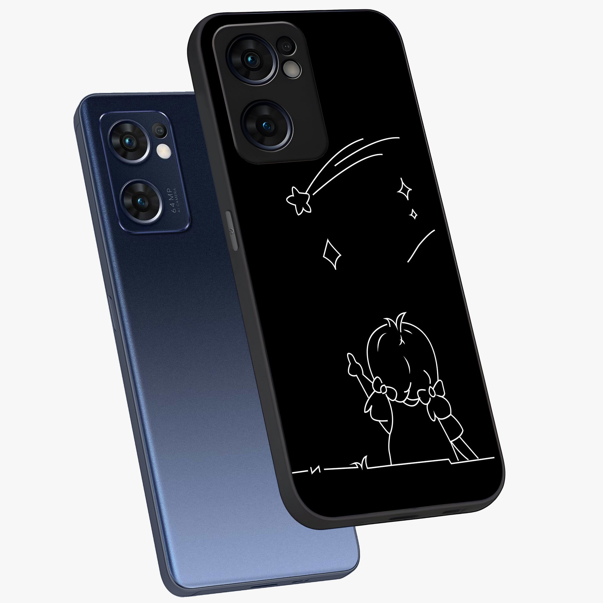 Line Art Girl With Shooting Stars Glass Case displayed in angled mockup highlighting elegant line art design with dreamy star aesthetic.