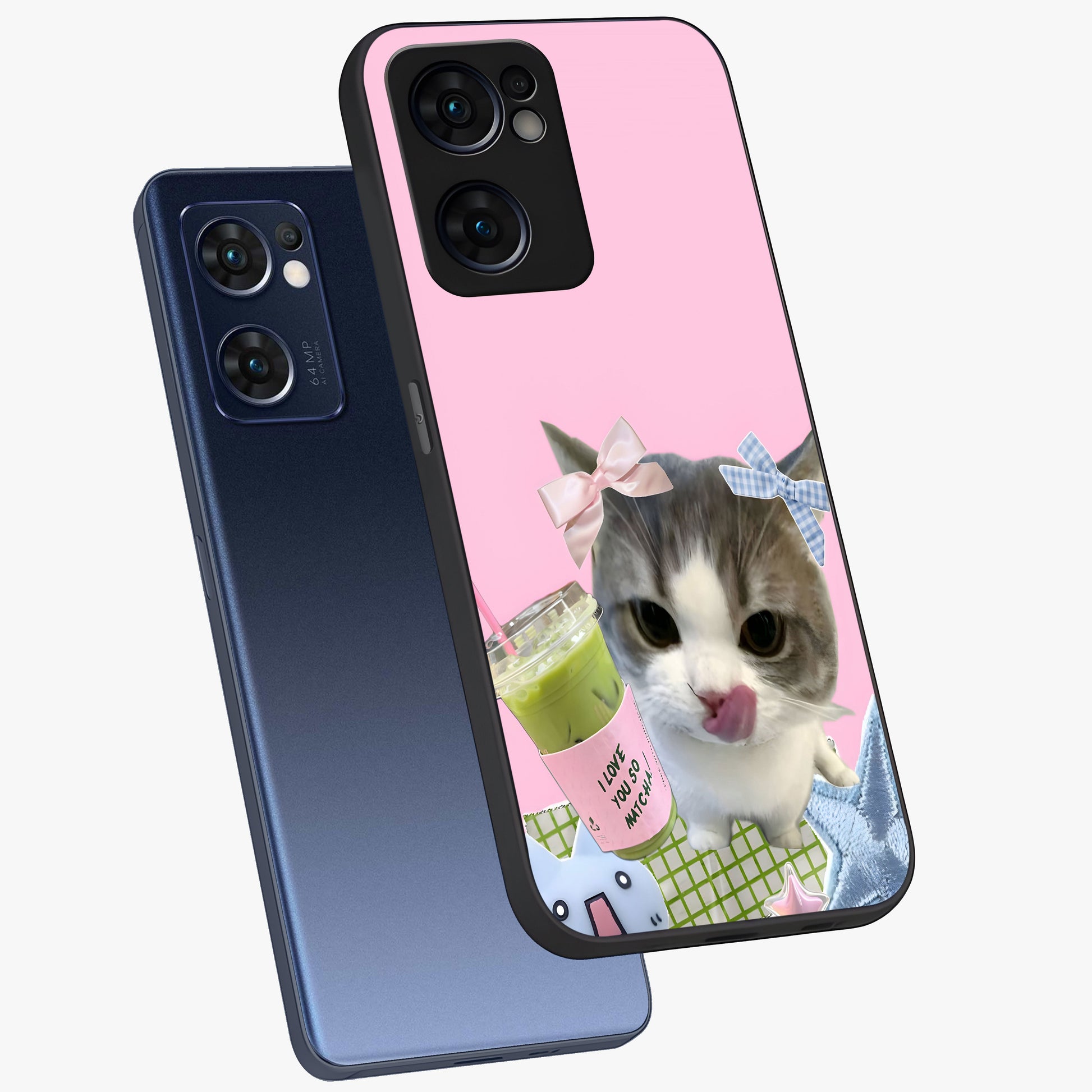 Love Matcha Cat Glass Case displayed in angled mockup highlighting playful feline illustration with cozy matcha aesthetic.