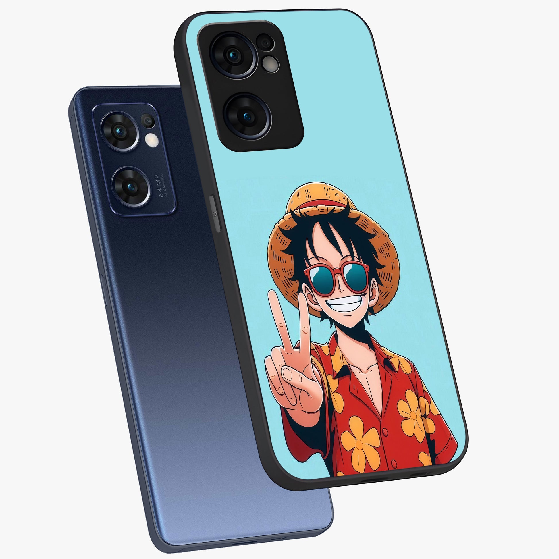 Luffy Summer Anime Vibe Glass Case displayed in angled mockup highlighting energetic anime illustration with summer vibe aesthetic.