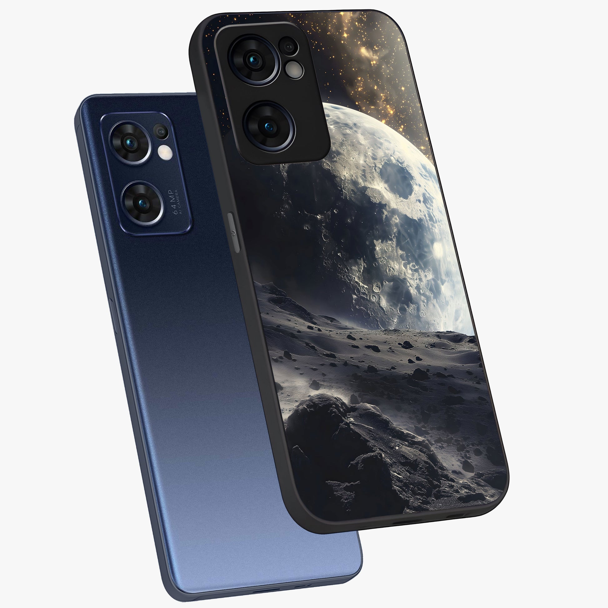 Lunar Horizon Glow Glass Case displayed in angled mockup highlighting celestial moon design with dreamy night aesthetic.