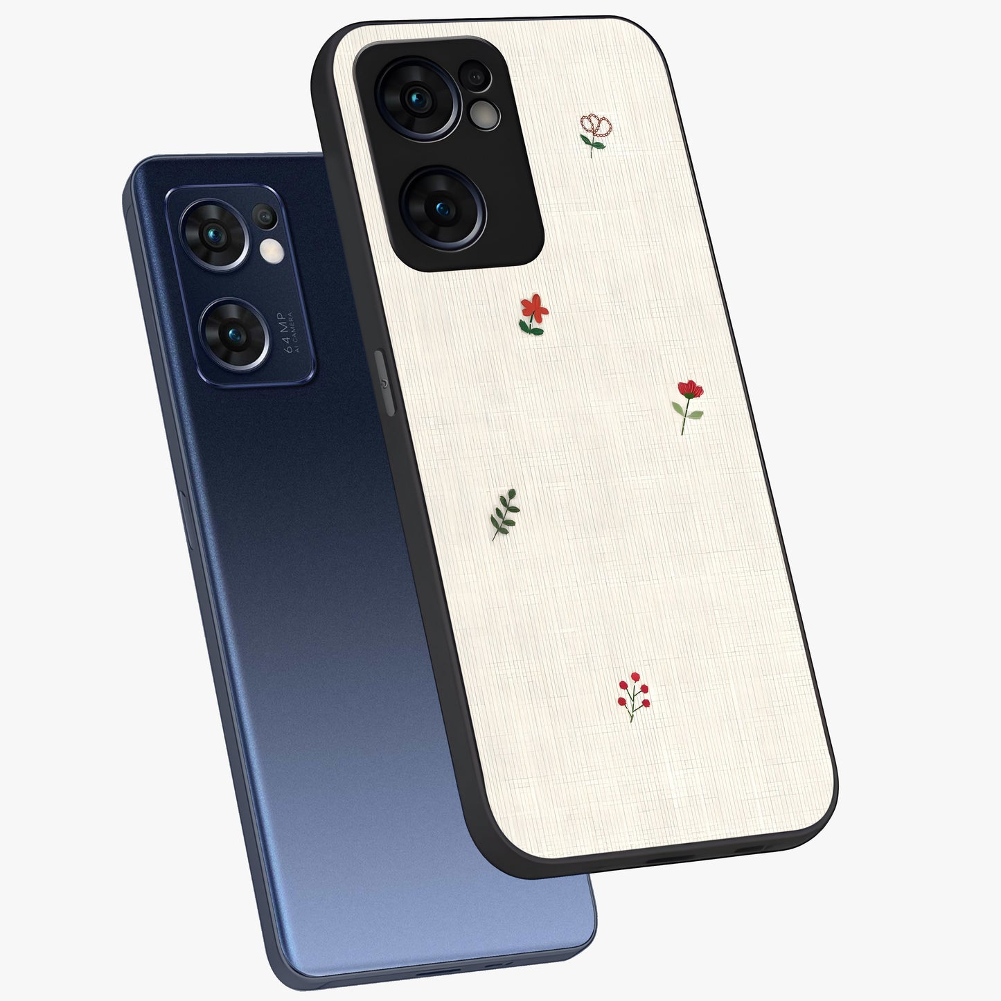 Minimalistic Blue With White Flower Pattern Glass Case displayed in angled mockup highlighting simple floral design with minimal aesthetic.