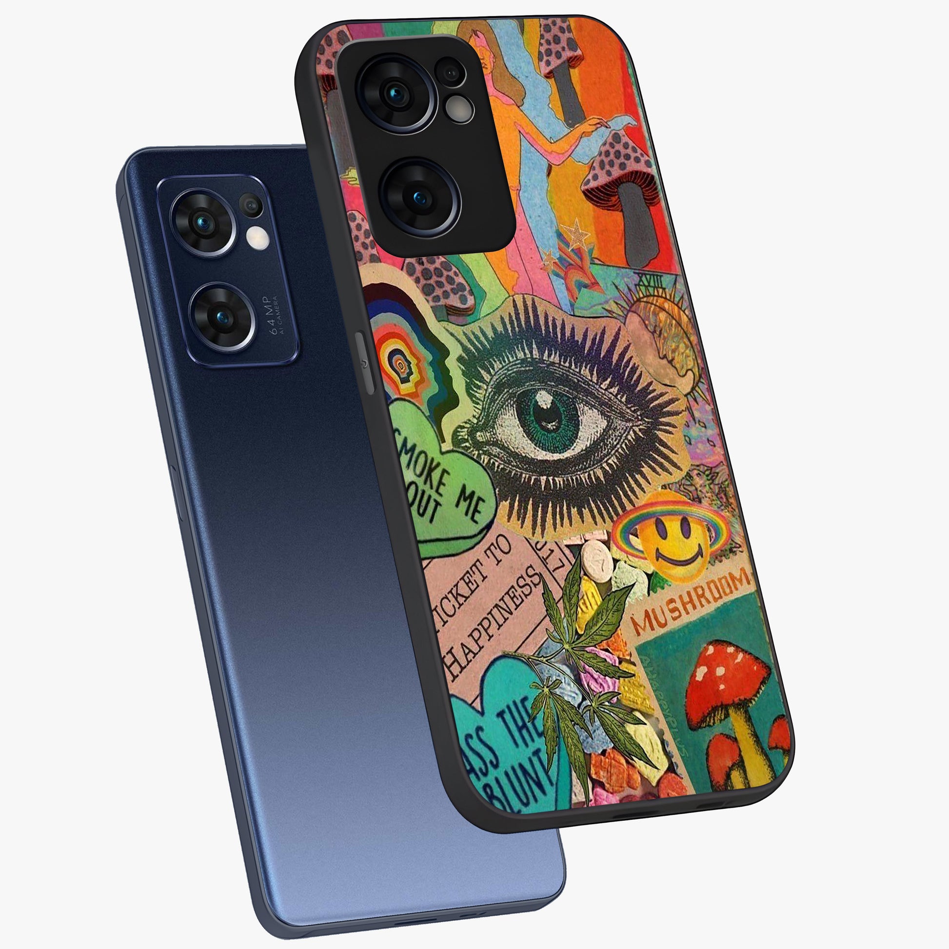 Mystic Eye Wonderland Glass Case displayed in angled mockup highlighting magical eye illustration with dreamy aesthetic.